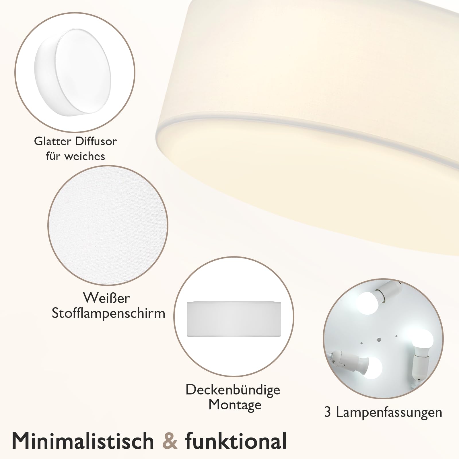 CALOKES Moderne Runde Stoff Deckenlampe Ø45cm mit 3 E27 Fassungen, Weiße Deckenleuchte für Wohnzimmer Schlafzimmer Küche Flur, Deckenbündige Deckenlampen, Ceiling Leuchte