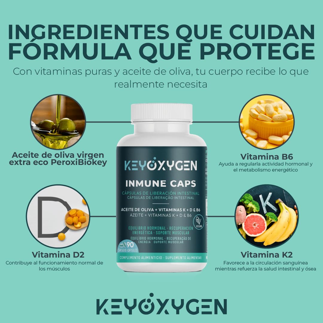 Enzimas Digestivas Liberación Intestinal con Vitamina D B6 Y K - Complemento Alimenticio Vegano Para Sistema Inmune Regulación Hormonal Energía Y Músculos 90 Cápsulas | KeyOxygen Inmune Caps