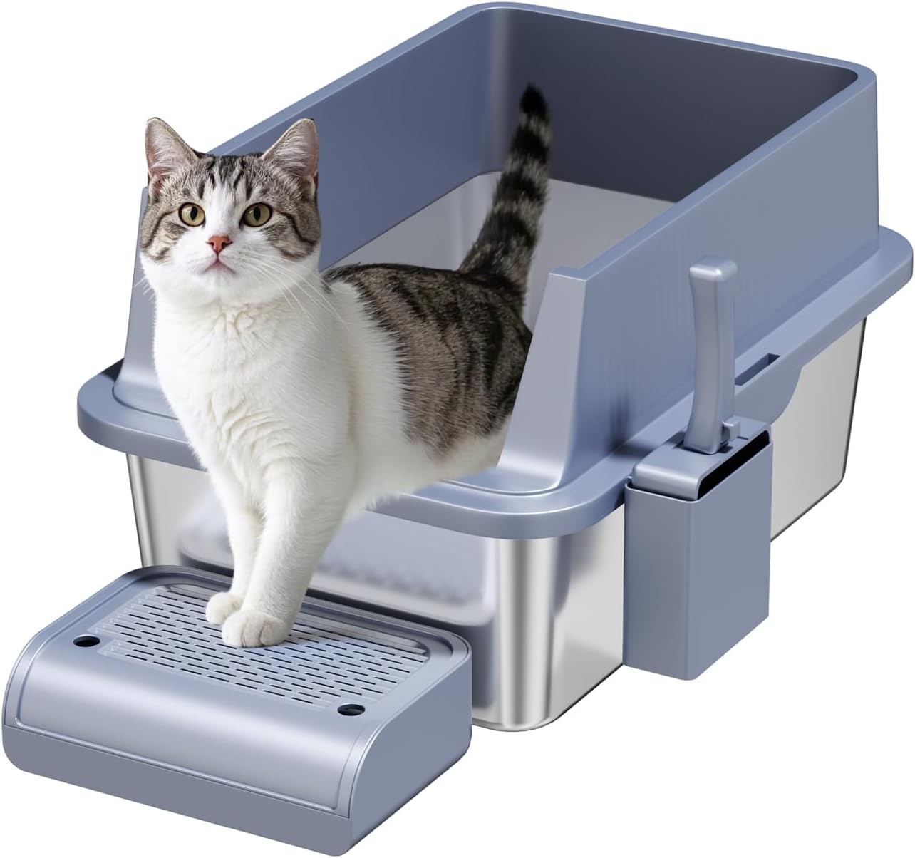 Enclosed Stainless Steel Cat Litter Box with Lid Extra Large Litter Box for Big Cats XL Metal Litter Pan Tray with High Wall Sides Enclosure, Non-Sticky, Anti-Leakage, Easy Cleaning (8 in Dark Grey)