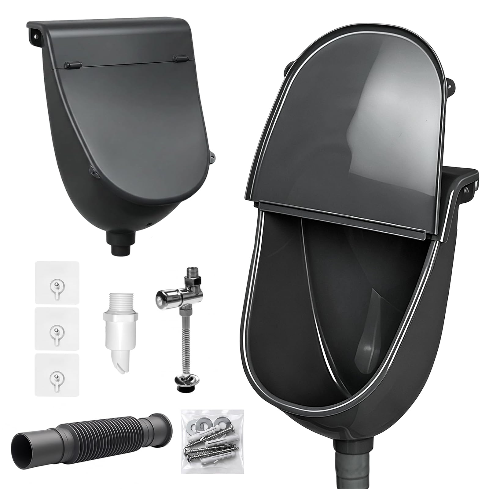 Urinal mit Deckel, Urinente für Männer, Ohne Bohren Wandpissbecken Pissoir mit Spritzschutzdeckel, 75cm Ablaufschlauch, Spülventil und Spüldüse, Für Camping, Wohnheim, Hof & Outdoor