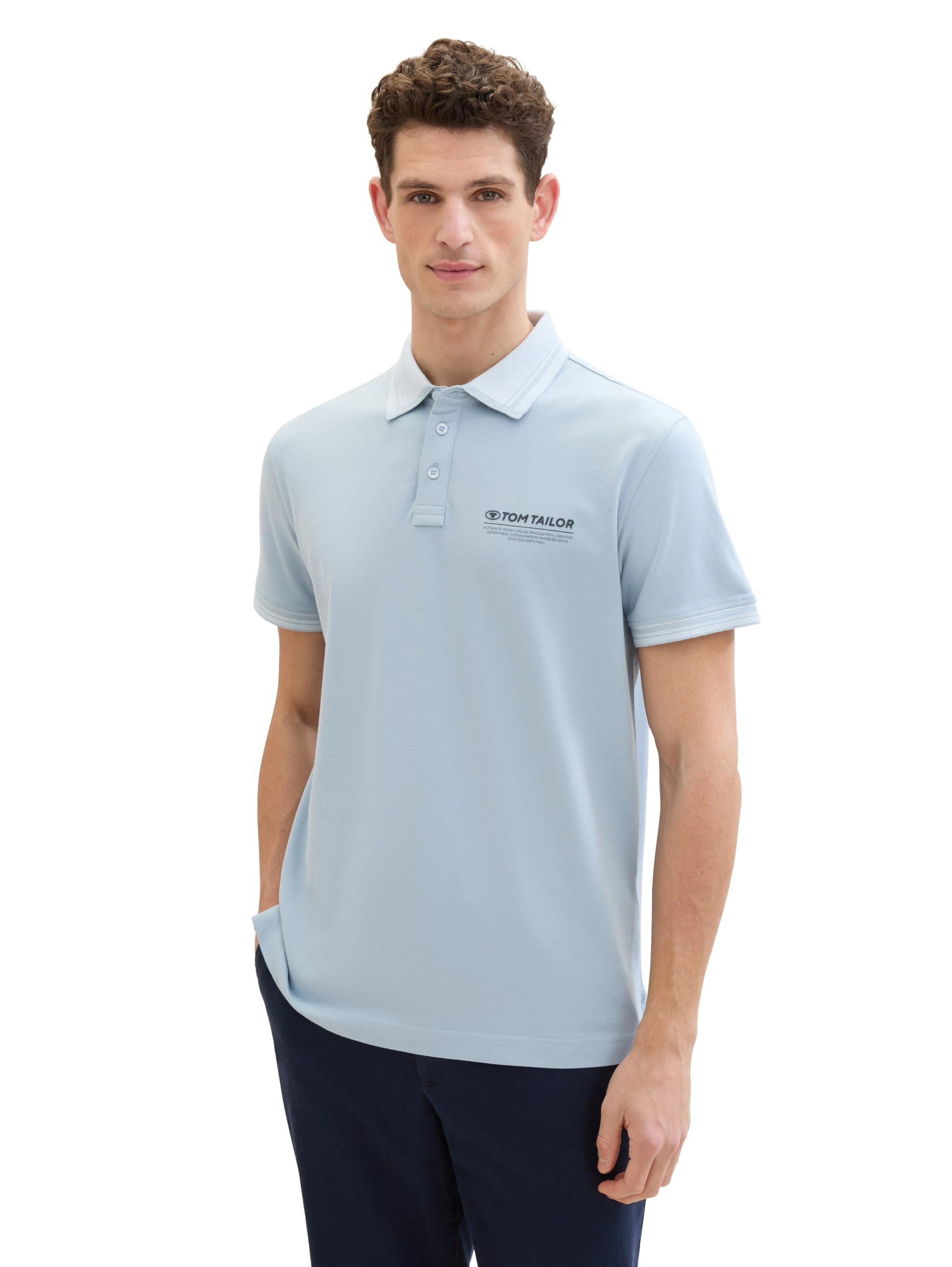 TOM TAILOR Herren Basic Piqué Poloshirt mit Logo-Print , Foggy Blue, L – Ansicht 2