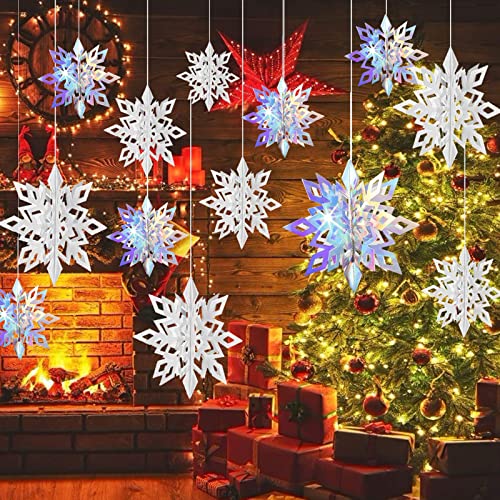 MXJFYY Decoraciones de Copos de Nieve Colgantes de Navidad, 12 Piezas Copos de Nieve de Papel 3D Holográficos con Cuerda para Navidad Año Nuevo Cumpleaños Suministros de Decoración Cover