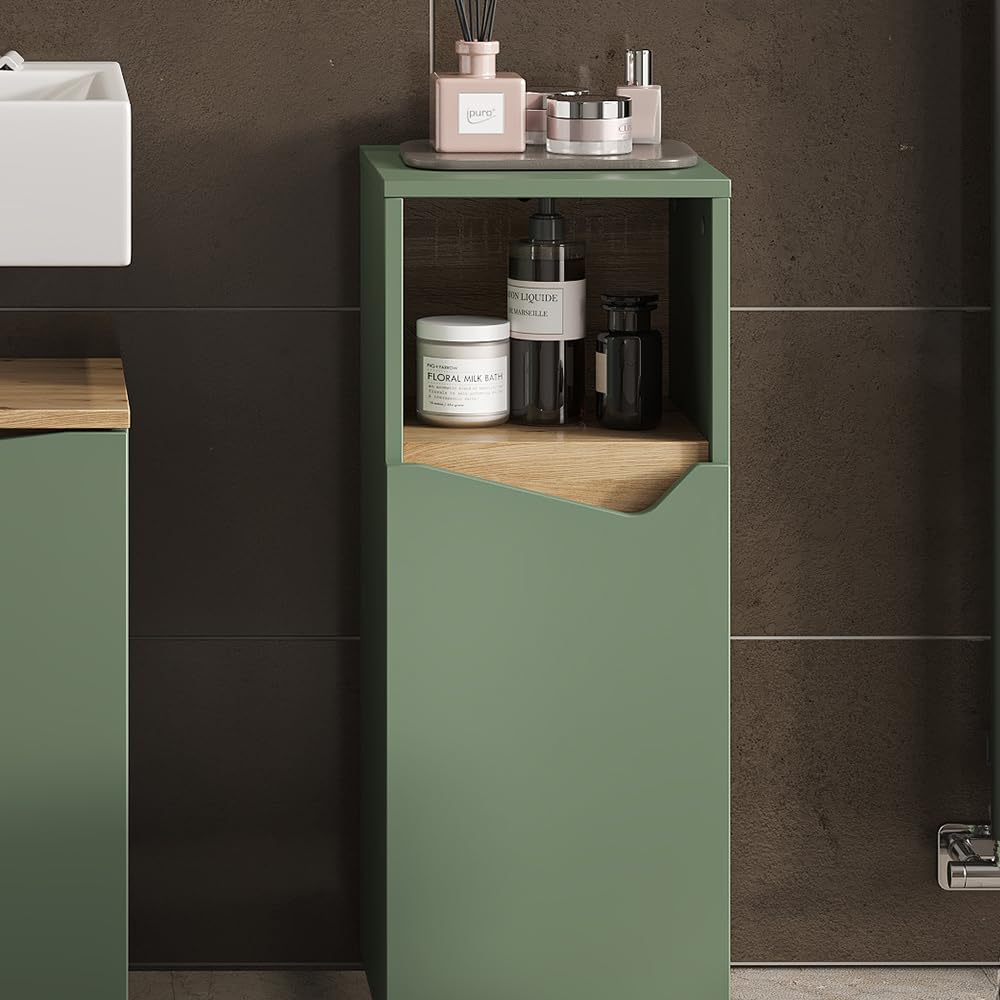 Vicco Mueble Midi Marelle, Verde/Artesano, 30 x 74.5 cm | con puerta y compartimento abierto, para guardar artículos de baño y toallas