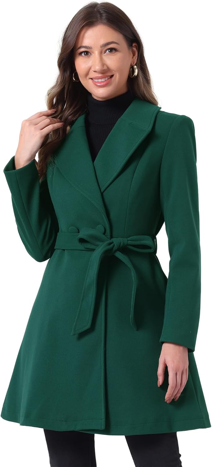 Allegra K Winter Pea Coats for Women Shawl Lapel Overcoat Single Breasted Belted Long Trench Coat