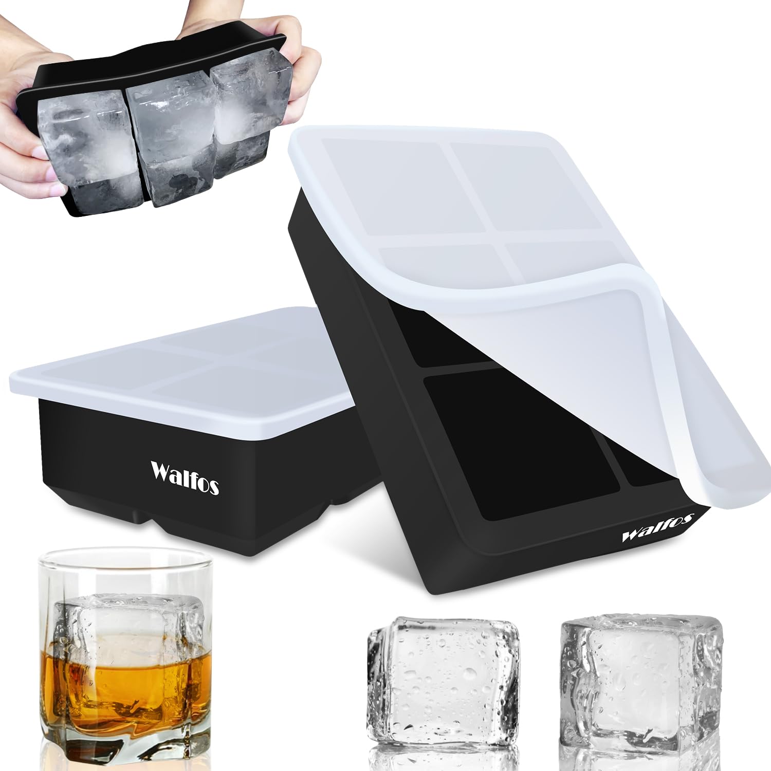 Walfos Stampi Per Ghiaccio In Silicone Con Coperchio – 4 Vaschette, 60 Cubetti Da 3,2 Cm, Senza BPA, Impilabili, Per Cocktail E Whisky - 2