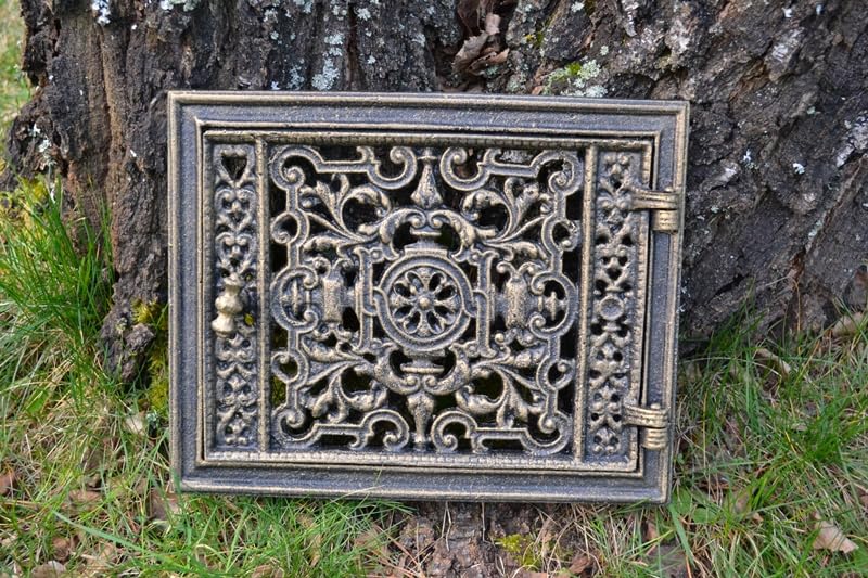 Sezam - Tur - perforiertes Gitter aus Gusseisen mit Türriegel, rechteckig, für Kaminöfen - 32x25.5cm (Altes Gold)