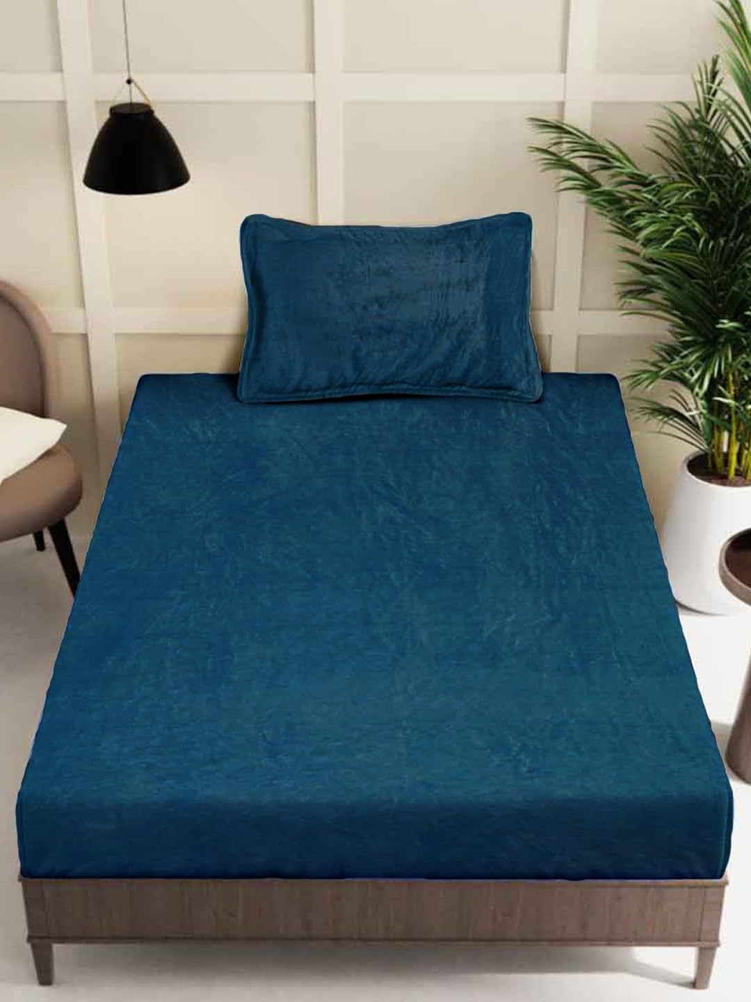 FABINALIV Rama Blue Solid 300 TC Woollen Single Bedsheet with Pillow Cover (FLWSBS-1010-RBlue)-image-29