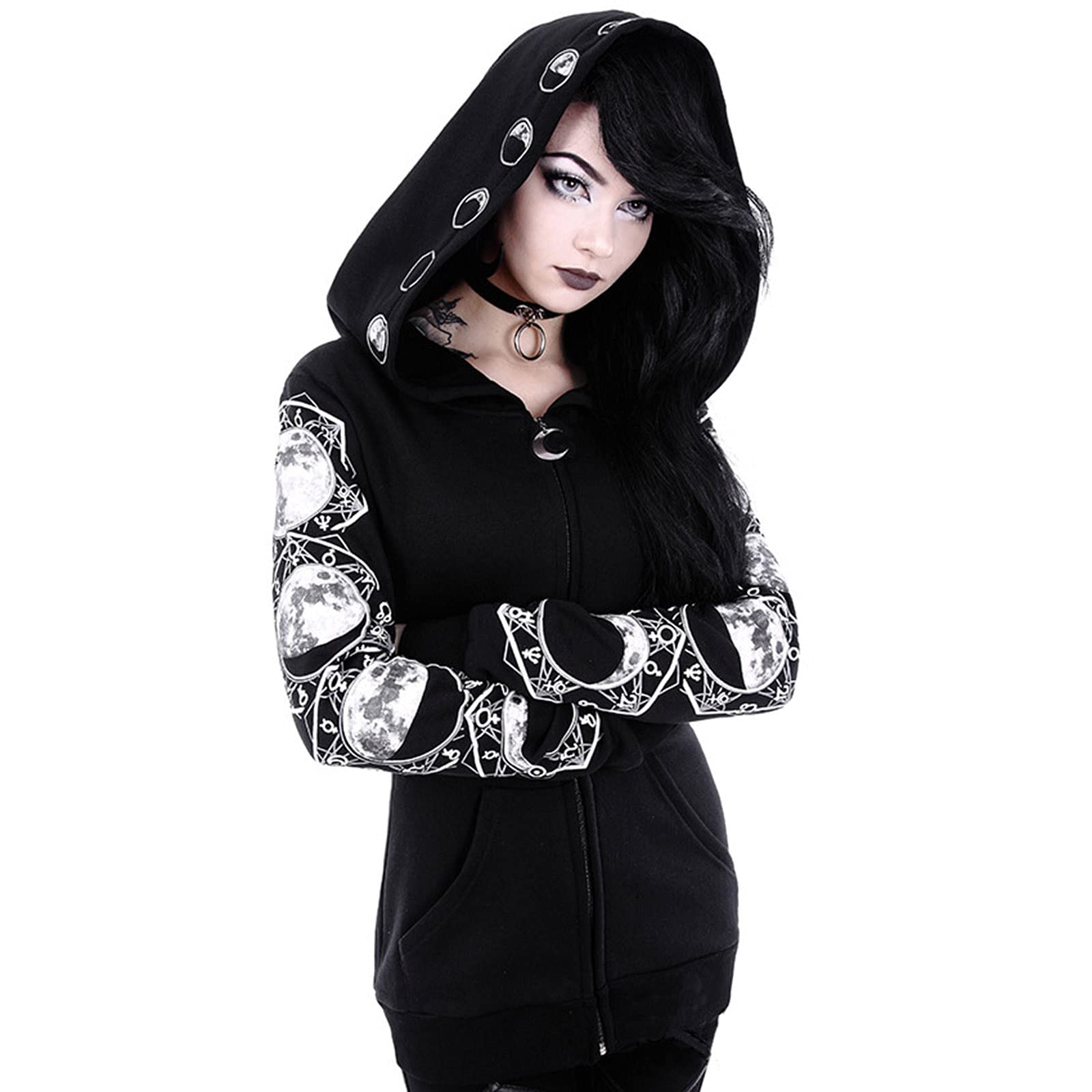 tuduoms Black Punk Gothic Hoodie Women Long Sleeve Zip Up Hoodie Moon Jacket Top Long Sweatshirts Plus Size Y2k Goth Clothing - 5X-Large - A02^black