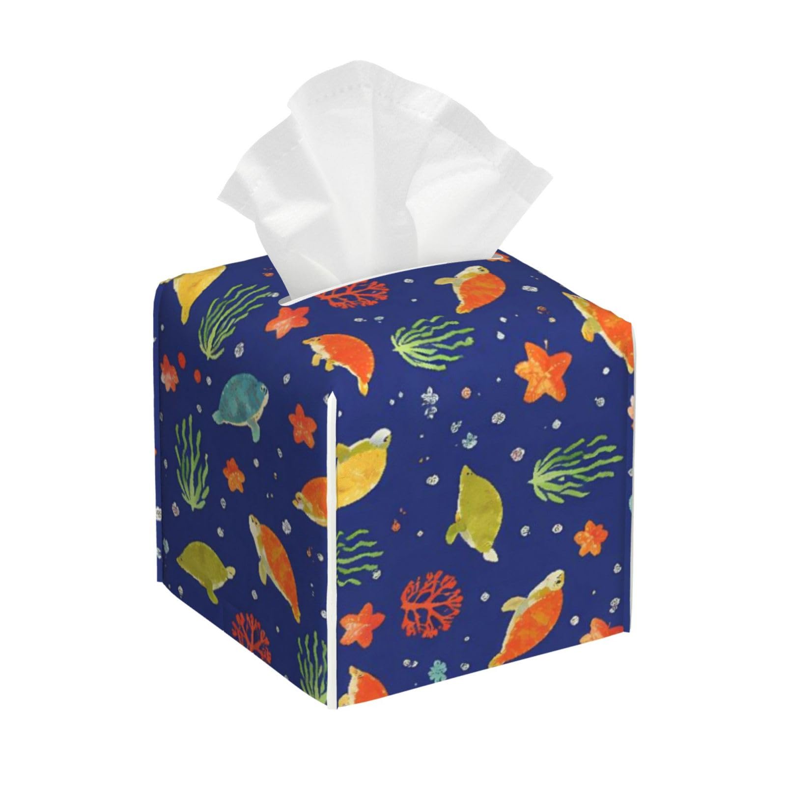 Colorful Turtle Leather Tissue Box Cover Holder Square Facial Paper Organizer 5.2" X 5.2" X 5.2"