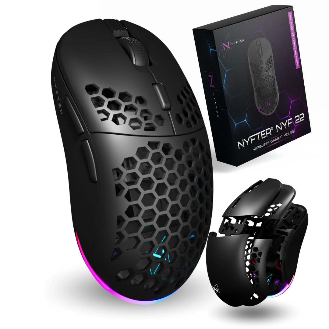 Nyfter - Mouse da gioco wireless NYF22 ultra leggero 75 g potente con 400 mA 19 K DPI, 400 IPS 1000 Hz 50 h durata della batteria durevole Due custodie intercambiabili con (nero)