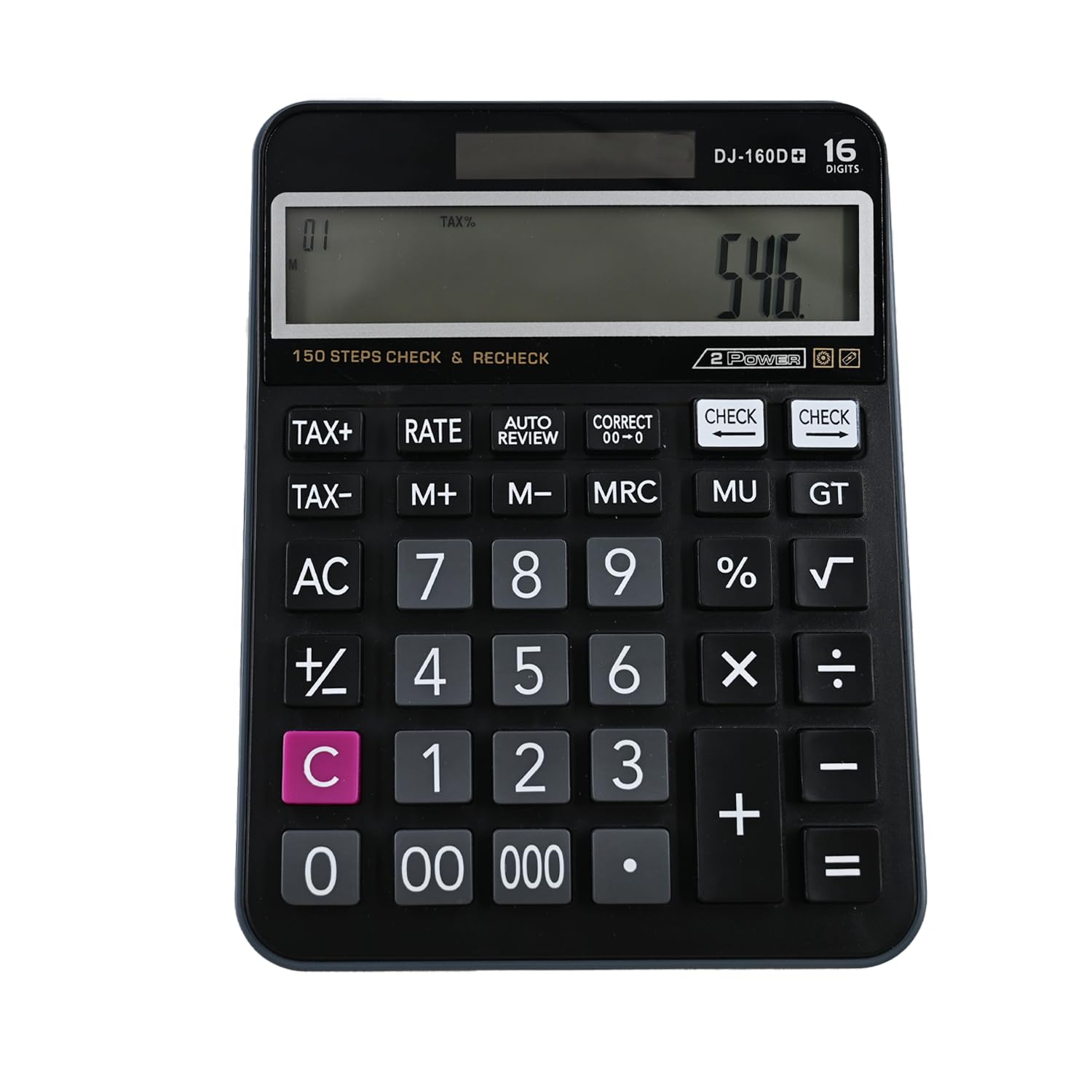 Desk Tax Calculator with Large Buttons, Calculator with Tax and Check Function,16 Digits 2-line LCD,Dual Solar Power and Battery for School Office Supermarket Business Home Daily Use, Black
