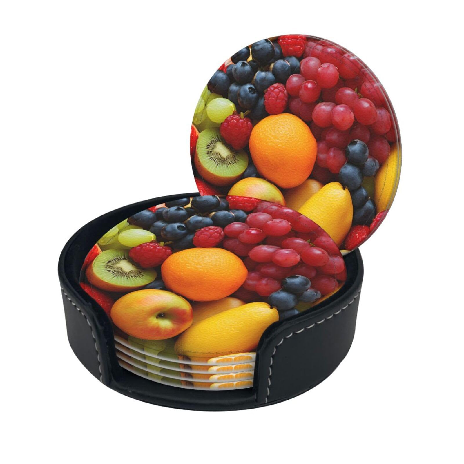 Fresh Fruits and Vegetables Print Coaster,Round Leather Coasters with Storage Box for Wine Mugs,Cold Drinks and Cups Tabletop Protection (6 Piece)