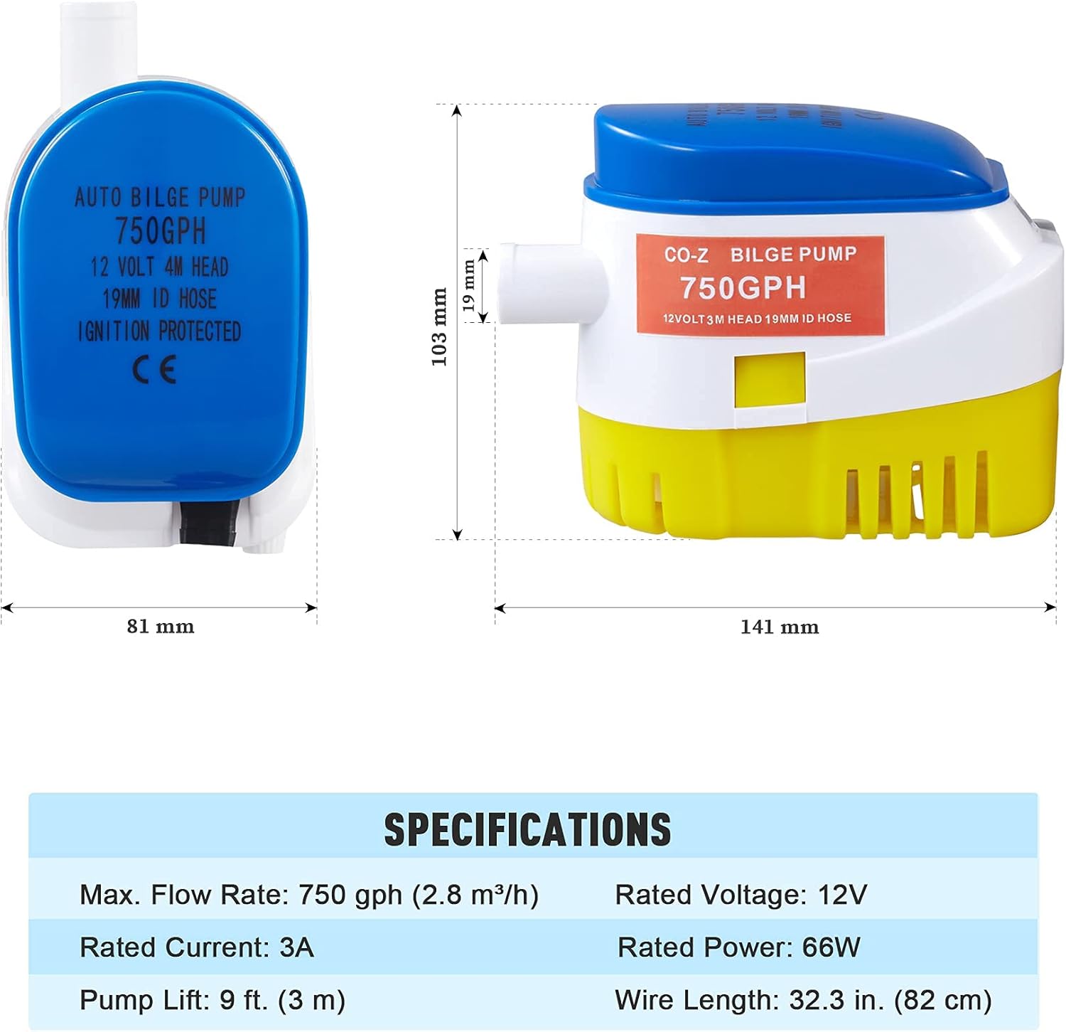 CO-Z 750gph Bilge Pump for Boats Pools and More, 12V Water Pump with Float Switch, Automatic Submersible Pump for Drainage Plumbing and More, 3A Electric Marine and Pond Pump with 3/4 Inch Outlet : Sports & Outdoors