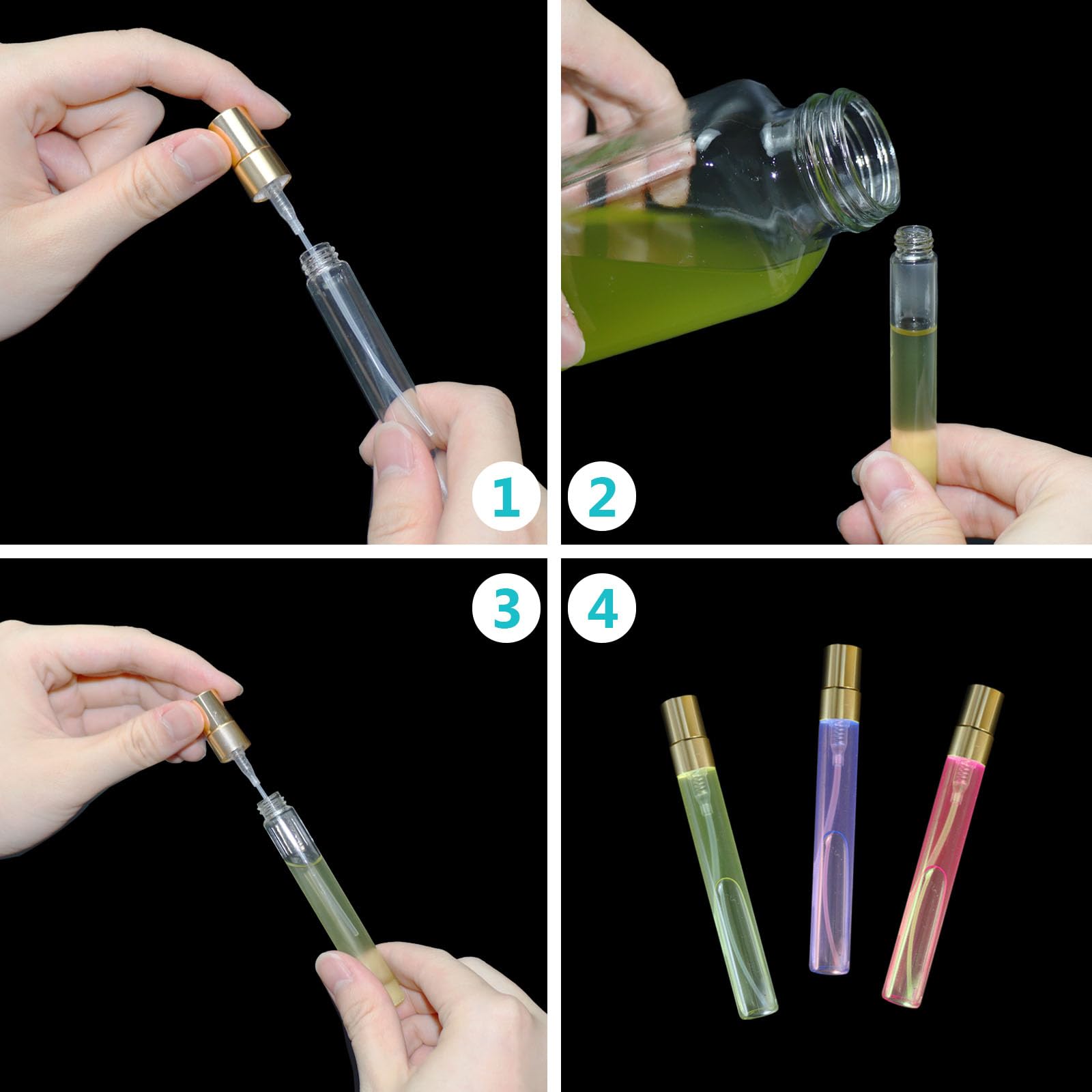 120 Stück Parfümzerstäuber Set, 10ml Mini Glas Nachfüllbare Parfümflaschen Leer, Kleiner Reise Zerstäuber mit Goldenem Sprühkopf für Ätherische Öle, Düfte, Kosmetik Proben