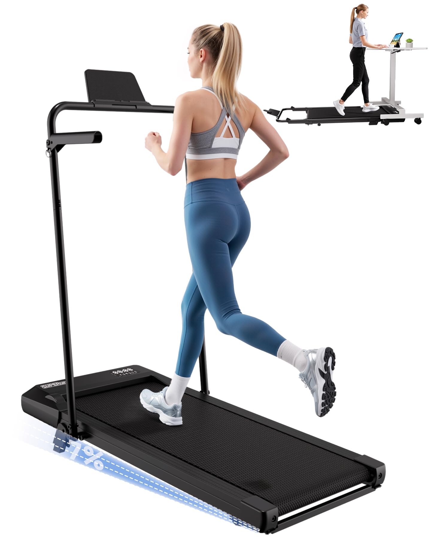 Superun Tapis Roulant Salvaspazio Pieghevole 1-12km/h con Inclinazione 6%,3,0 CV Tapirulan Elettrico Mini Walking Pad Massima di 136 kg,Schermo LED, Telecomando, Controllo