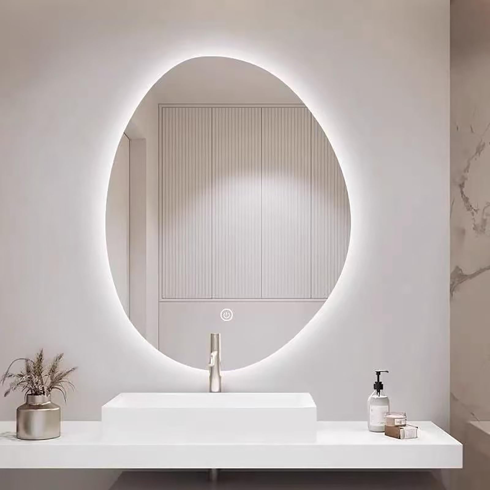 FGXHHS Frameless LED Illuminated, 60x80cm Irregular Teardrop Wall 3-Color Infinitely Dimmable Light, Touch Button, HD Anti-Fog Glass, Modern Vanity Mirror for & Decor
