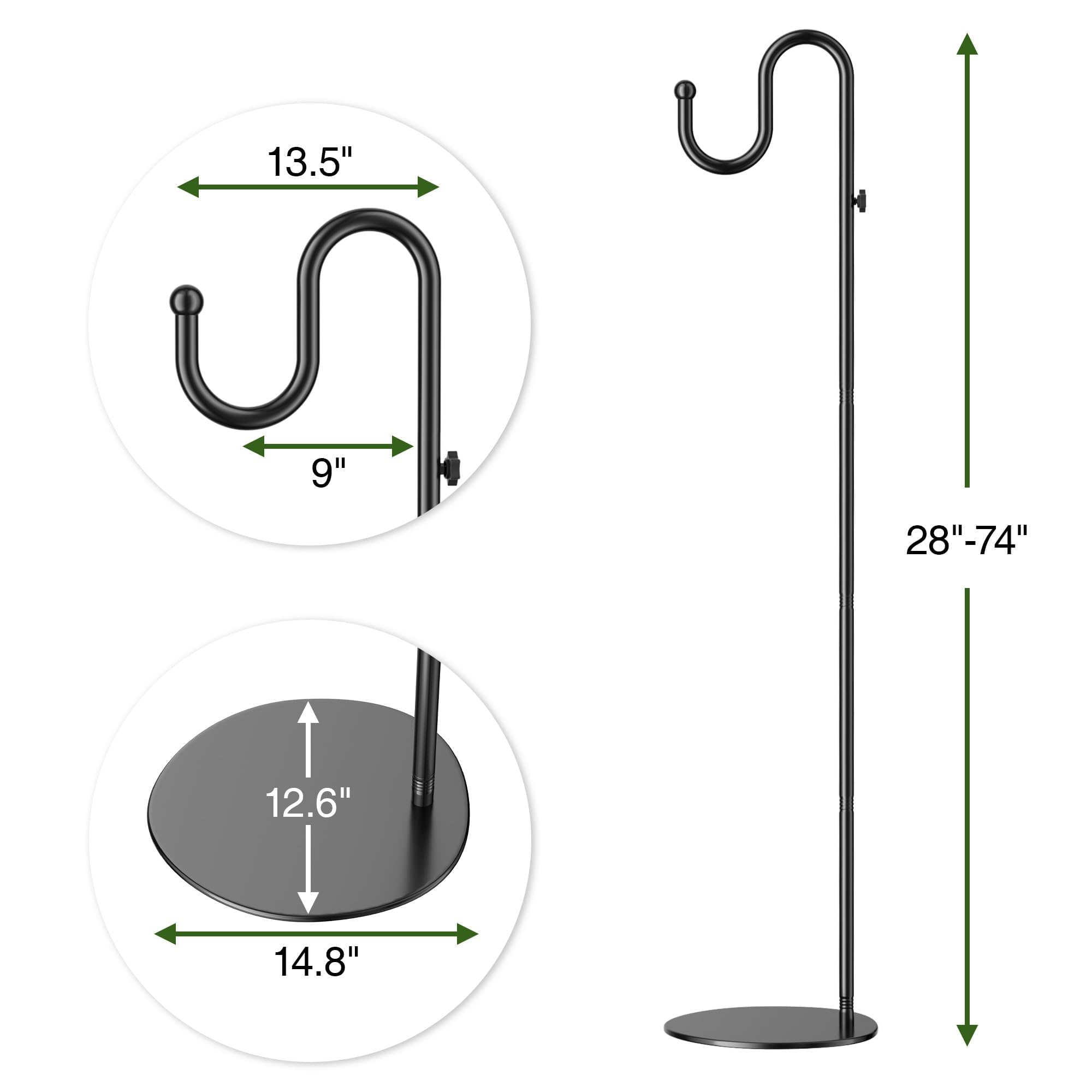 saffruff Gancho de pastor de 188 cm, altura ajustable, gancho metálico independiente, base para comederos de pájaros, macetas, campanas de viento, faroles, decoración de bodas