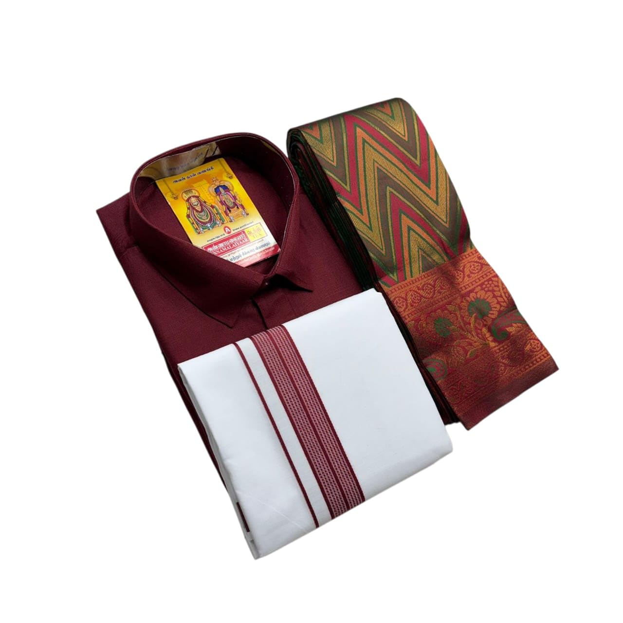 Vesti Shirt and Kubera Pattu Saree Combo, Cotton, Green and Maroon, Zigzag Pattern with Floral Border-picture-45