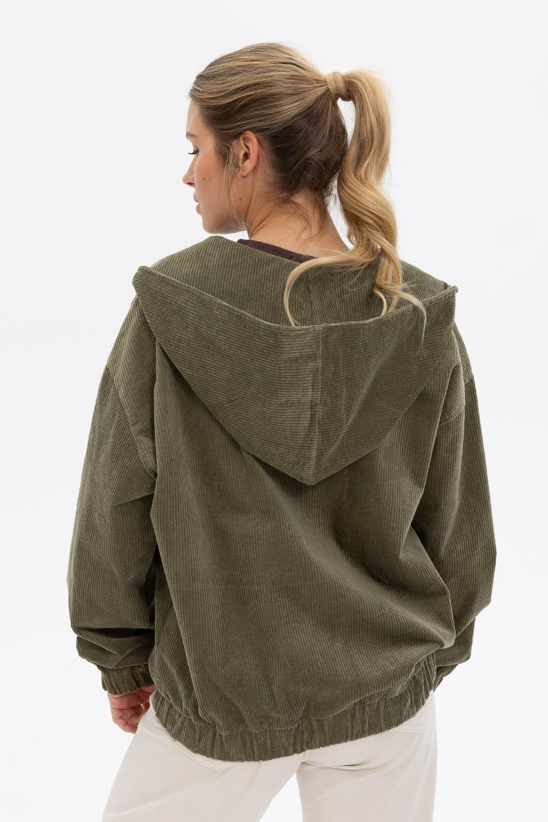 fun2bemum Cordjacke 3 in 1 Tragejacke Baby Umstandsjacke Oversize Herbstjacke für Mama mit Babytrage aus Baumwolle mit Einsatz (Groß, Olive)