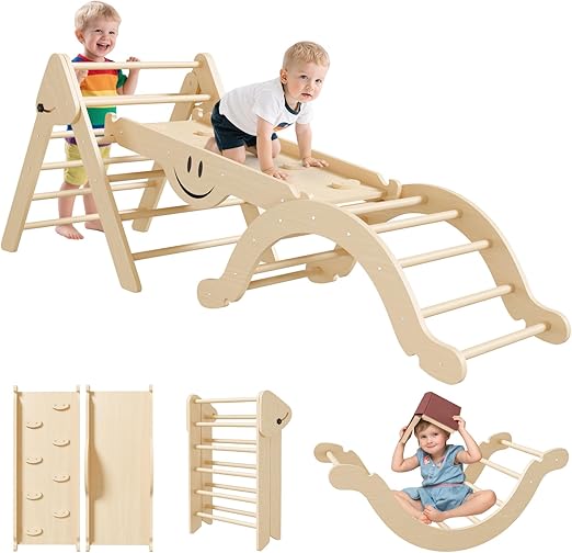 BIERUM Pikler Triangle Set - 8 in 1 Toddler Climbing Toys Indoor Wooden, Montessori Pickler Climbing Set with Ramp, Foldable Baby Climbing Gym, Natural