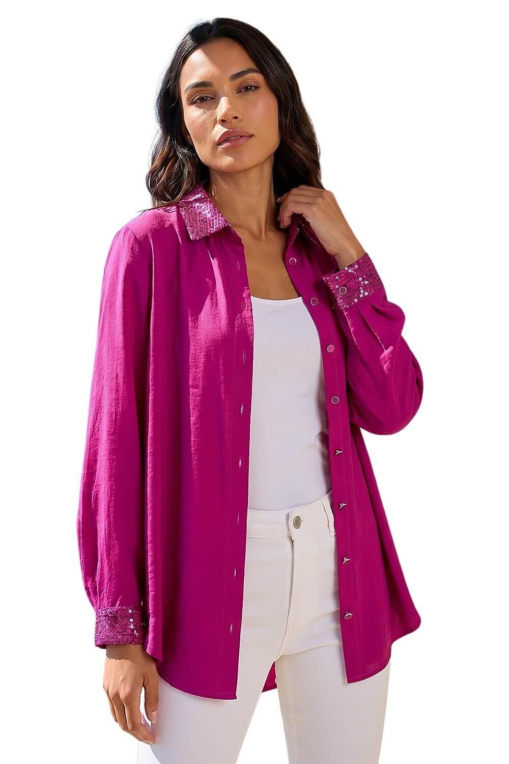 Roman Originals Women's Cerise Sequin Collar And Cuff Shirt For Uk - Everyday Autumn Winter Shirt Collar Comfy Soft Evening Vacation Work Party Night Out - Size 18
