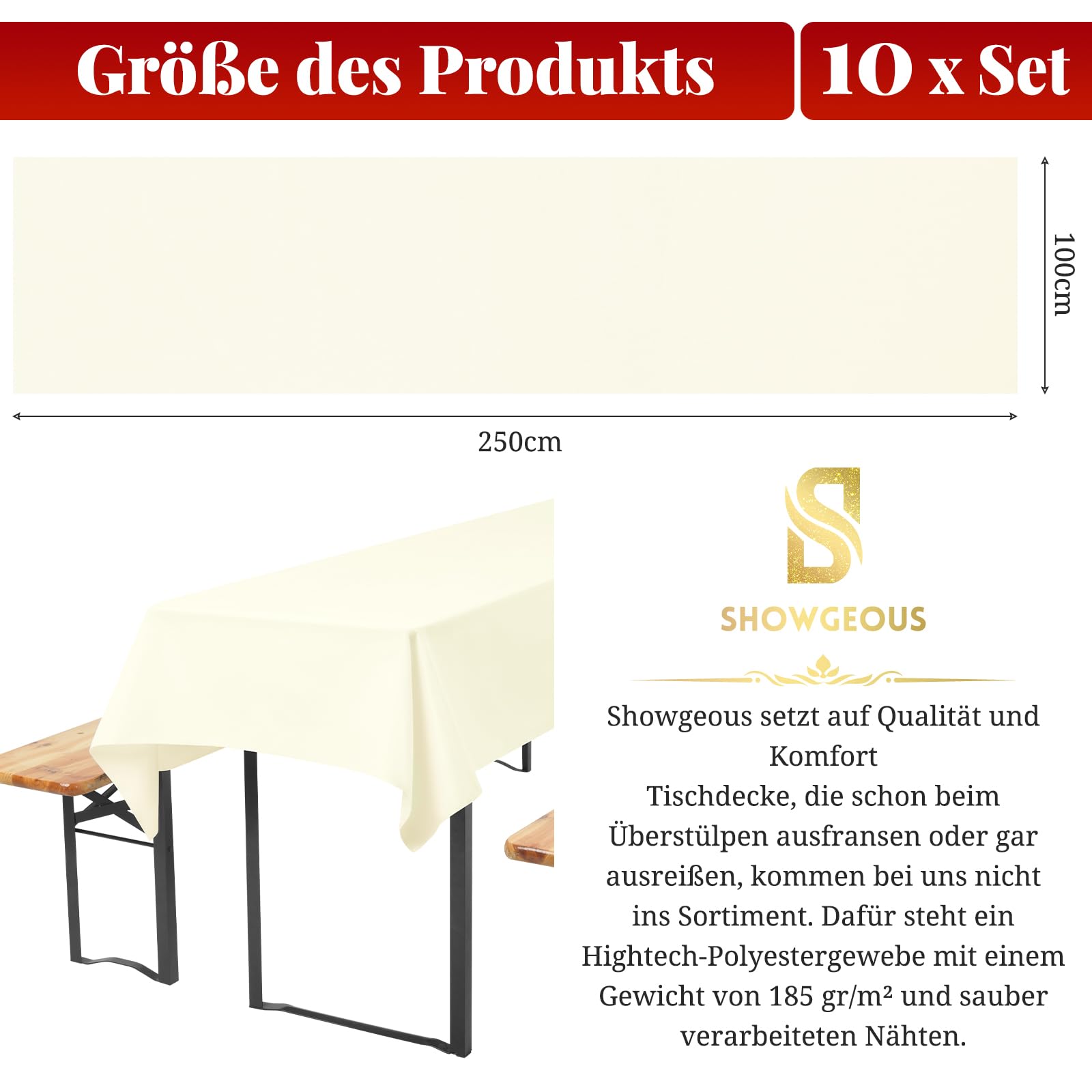 Showgeous Tovaglie da Birra Universali da 10 Pezzi per Tavolo da Birra da 50 cm e 70 cm, Tovaglie Rettangolari Lavabili 100x250 cm (Avorio)
