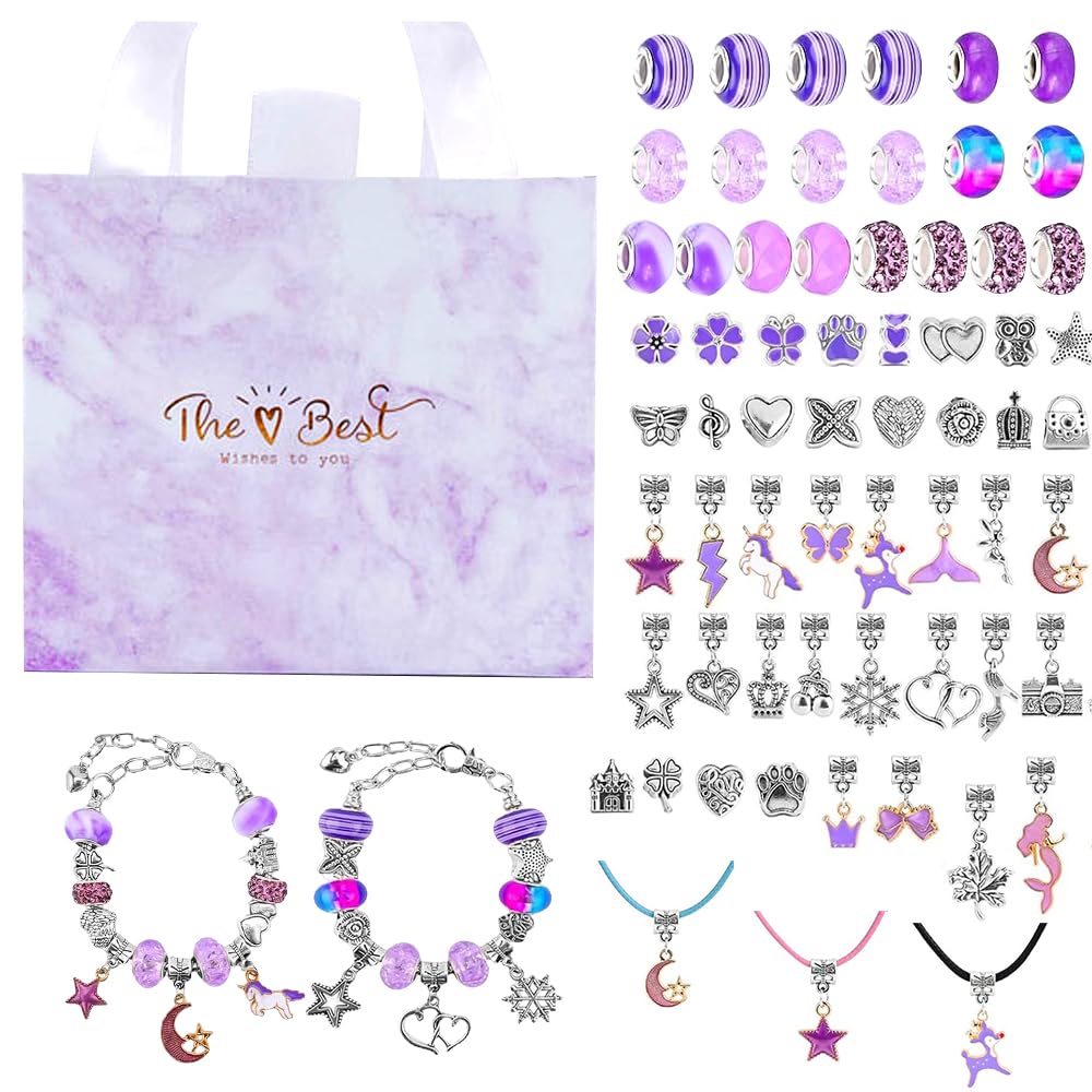 VorPrillynt Purple Jewellery Making Kit Kids, 66 Sets Purple Bracelet Making Kit, Beads for Bracelet Making, DIY Arts and Crafts Make Party Gifts, Christmas Birthday Gifts Toy for Girls