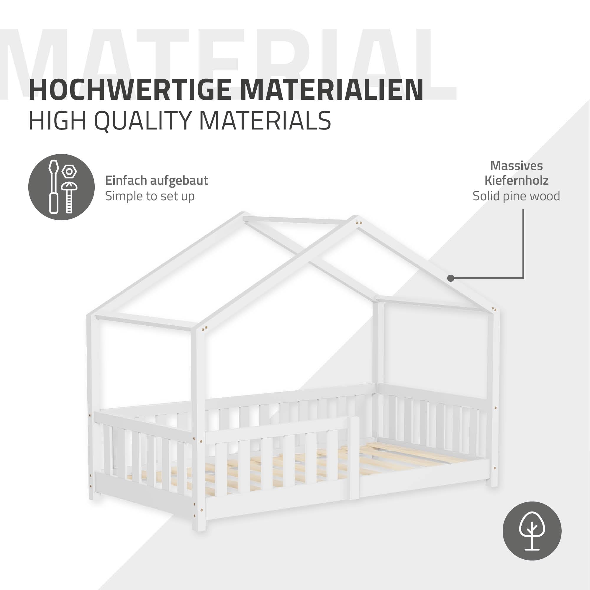 ML-Design Letto a Casetta per Bambini 80x160 cm Bianco in Legno Massello di Pino con Materasso Sponda di Sicurezza e Tetto, Lettino Montessori Basso a Terra per Bambine, Arredamento Cameretta