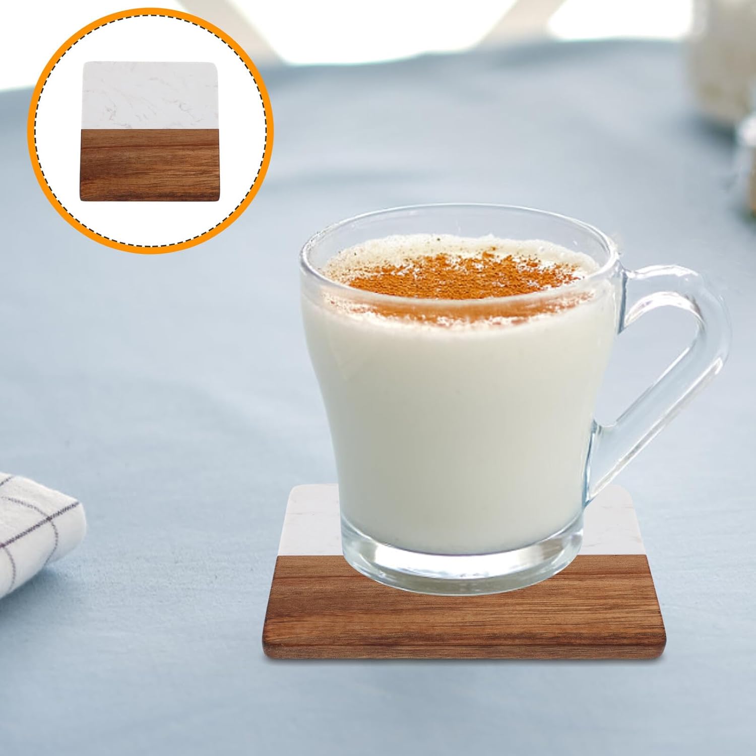 4pcs Small Serving Tray with Acacia Wood and Elegant White Marble Square Coasters for Drinks Tea Cups and Snacks Multifunctional Charcuterie Platter and Cup Holder Coasters for