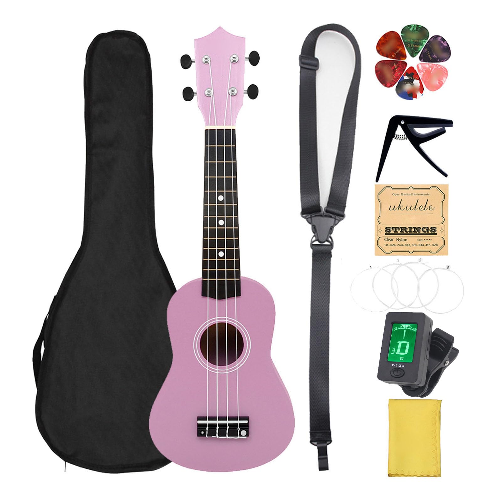 Generic Bunte 21-Zoll-Ukulele für Anfänger mit Stimmgerät, Kapodaster, Plektren und Gigbag, Lindenholz-Ukulelen-Starterset für Erwachsene und Kinder (PINK)