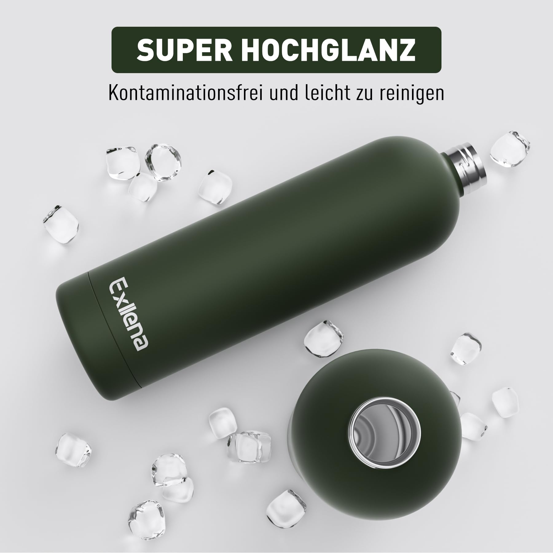 Exllena Trinkflasche Edelstahl mit Griff & Karabiner–500ml/750ml/1L/1,5L isolierte Thermosflasche, 100% auslaufsicher und BPA-frei, Wasserflasche thermo für Sport, Büro & Alltag (Kieferngrün,1500ML)
