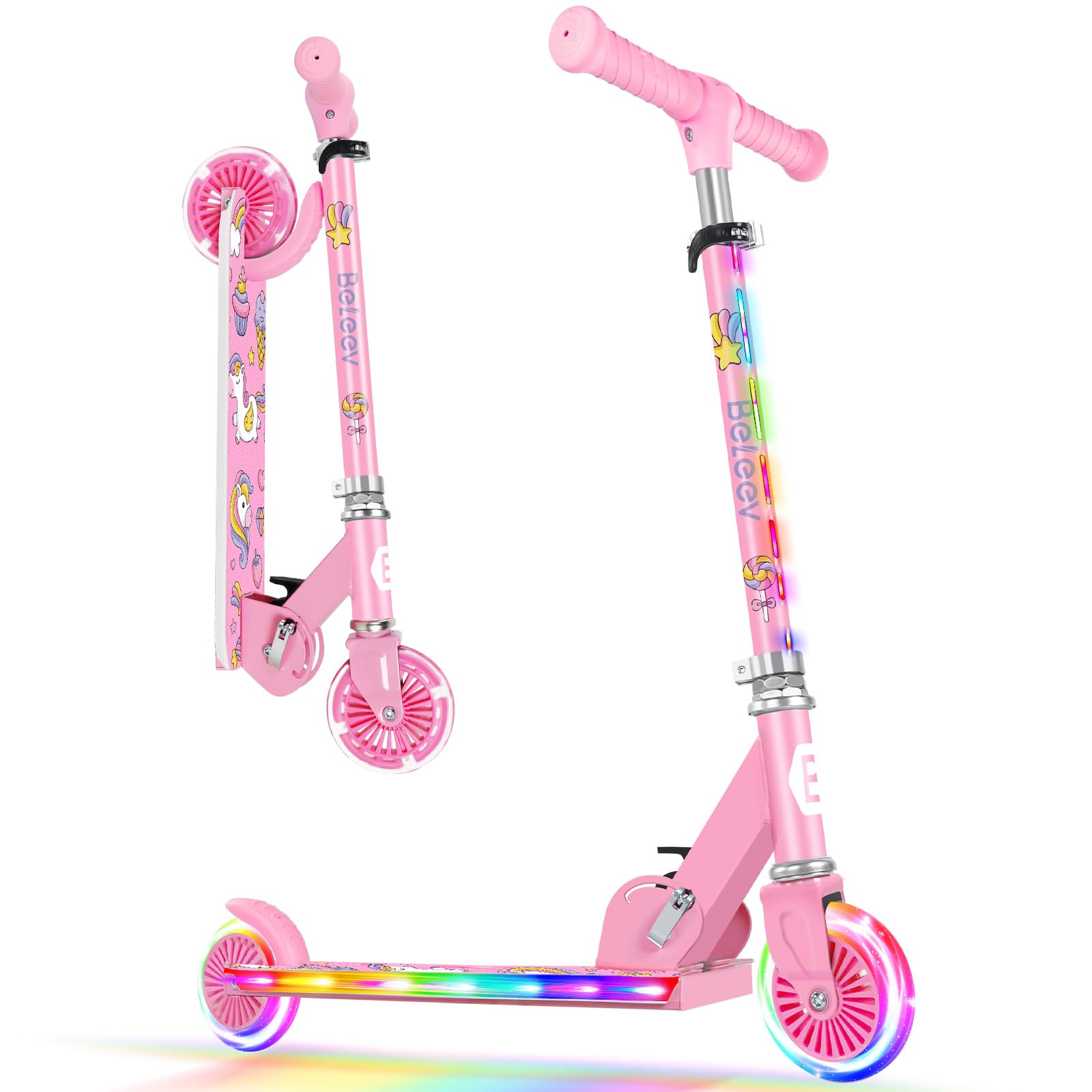 BELEEV V2 Scooters for Kids with Light-Up Wheels & Stem & Deck, 2 Wheel Folding Scooter for Girls Boys, 3 Adjustable Height, Non-Slip Pattern Deck, Lightweight Kick Scooter for Children Ages 3-12