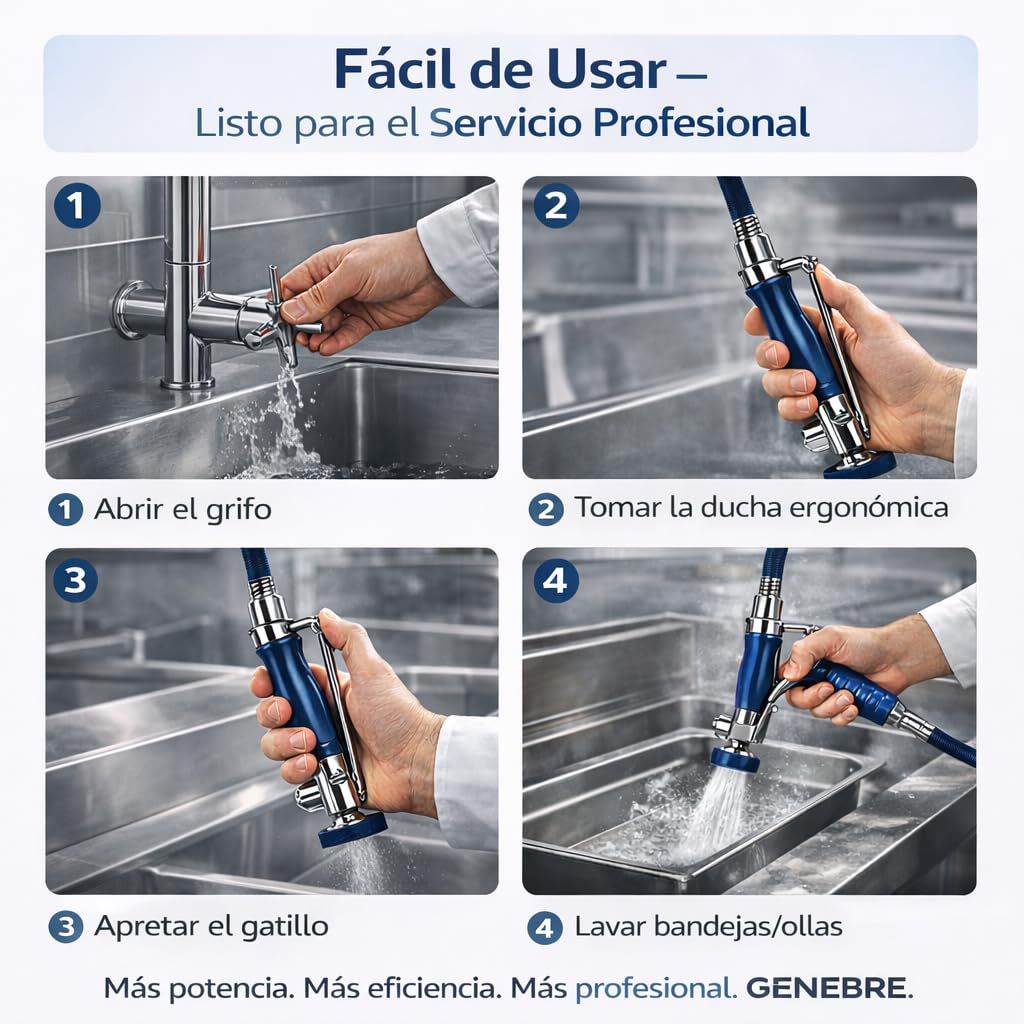 Genebre - Grifo Industrial 1704 04 | Columna de Prelavado Alta con Ducha Extraíble y Caño Giratorio | Cocina Profesional, Hostelería, Acero Inoxidable AISI 304, Montura Cerámica, Antical