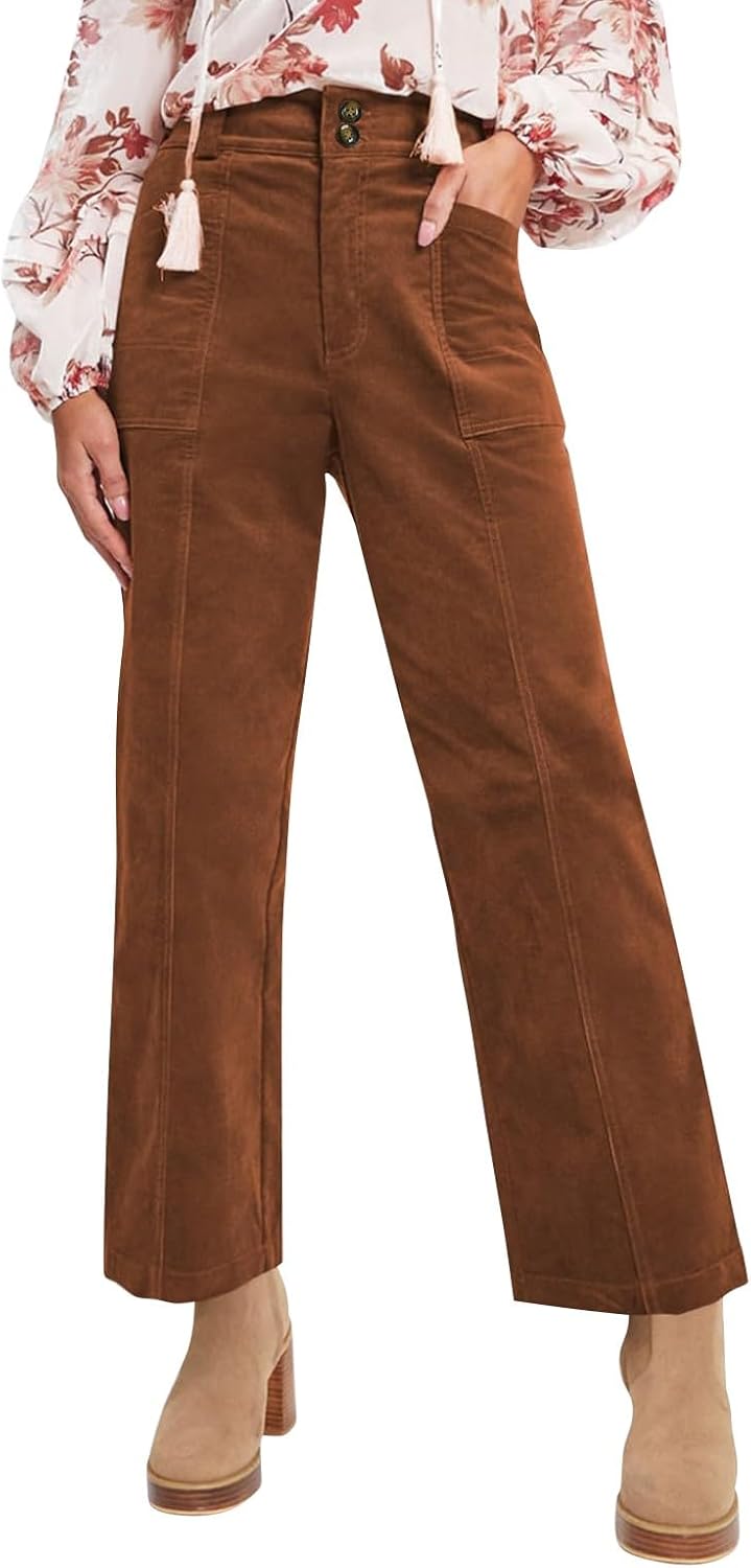 Wide Leg Corduroy Pants Women Comfy Elastic Waist Straight Leg Work Pants Vintage Button Down Business Casual Pants