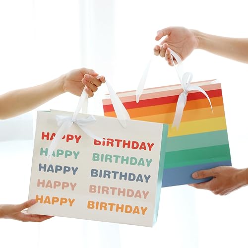 Miniatura 5 de Moretoes Paquete de 2 bolsas de regalo de cumpleaños a juego con papel de seda y tarjetas, bonitas bolsas de regalo de arcoíris para hombres y