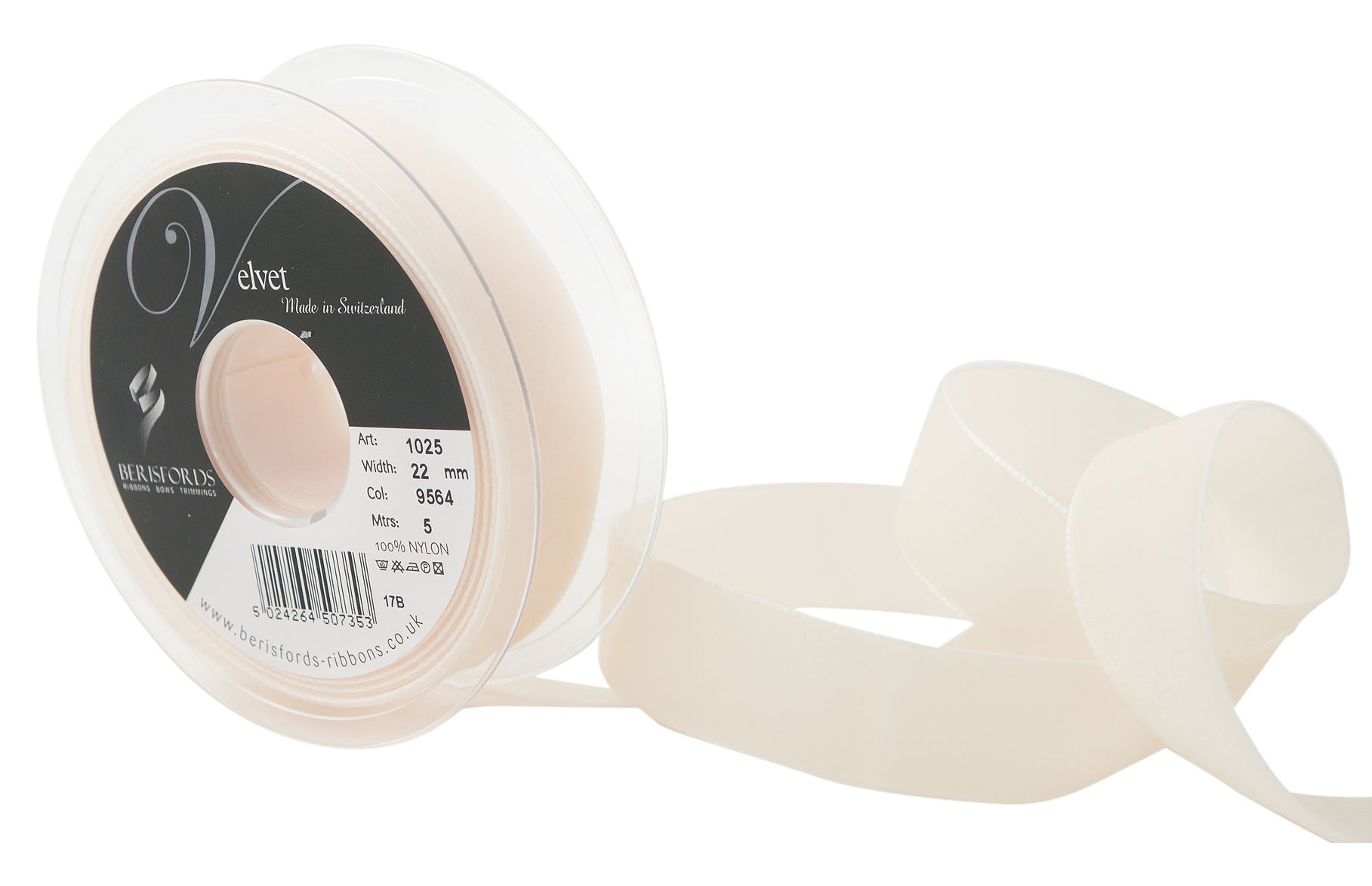 Berisfords Velvet Ribbon, Eggshell, 10.2 x 3 x 10.2 cm, 10.2 x 3.0 x 10.2 cm