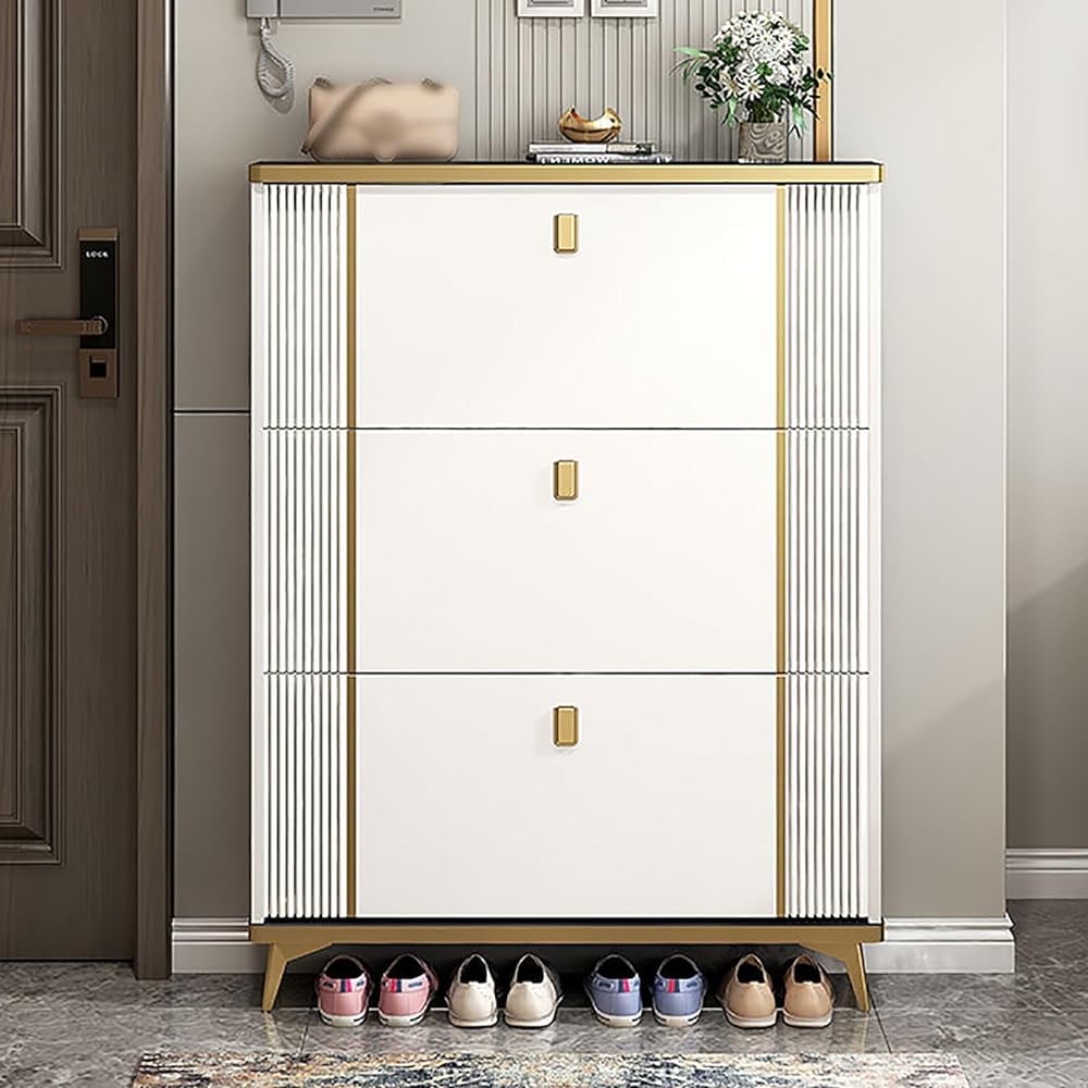 Scarpiera ribalta, Armadio portascarpe a 2 cassetti, Scarpiera Salvaspazio Slim, Bianco, 3 Ante, Salvaspazio, per Scarpe Stivali, 24 Paia - Misure HxLxP: 135 x 100 x 24cm