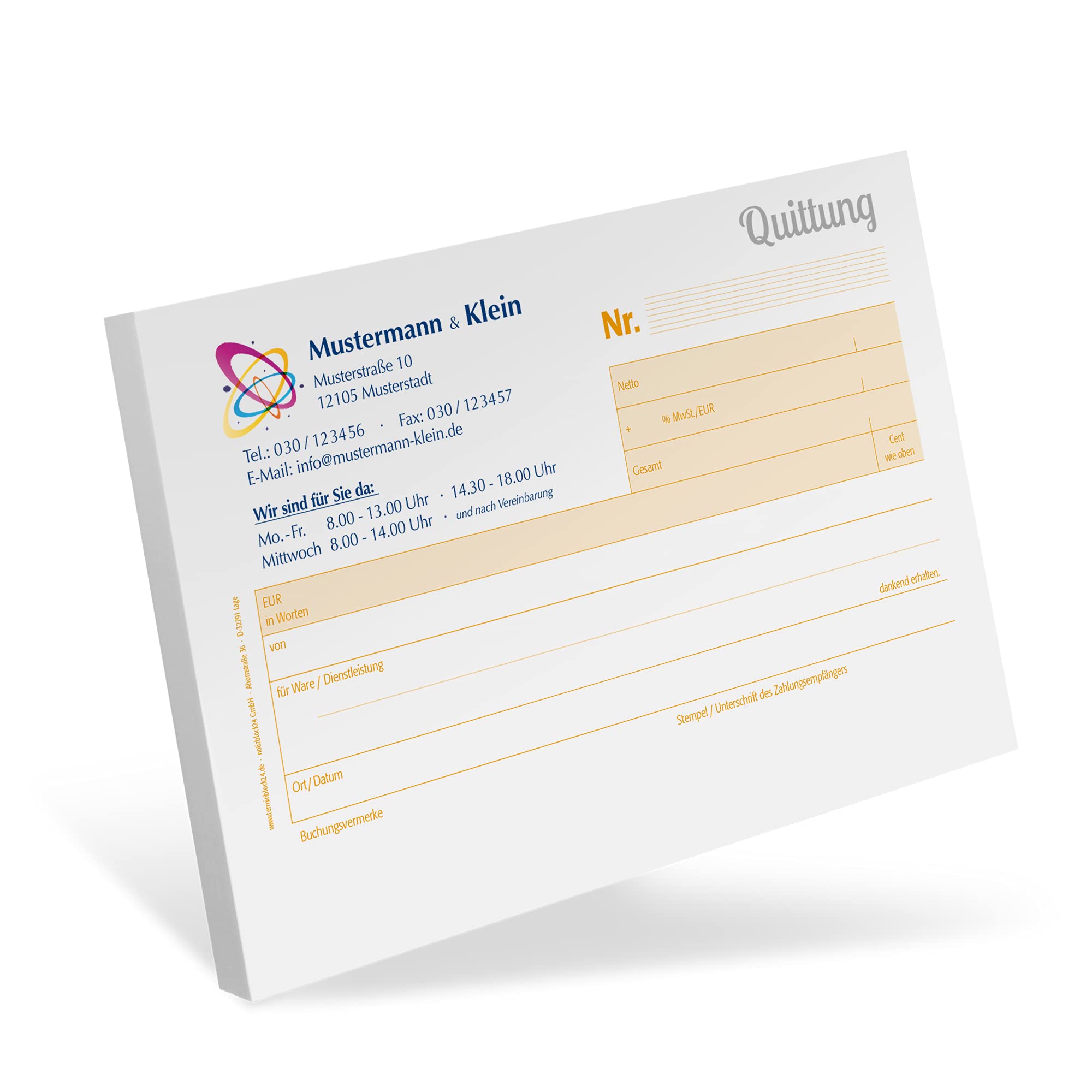 16 Personalisierte Quittungsblöcke mit Ihrem Text und Logo bedruckt/selbstdurchschreibend / 2 x 50 Blatt / A6 quer