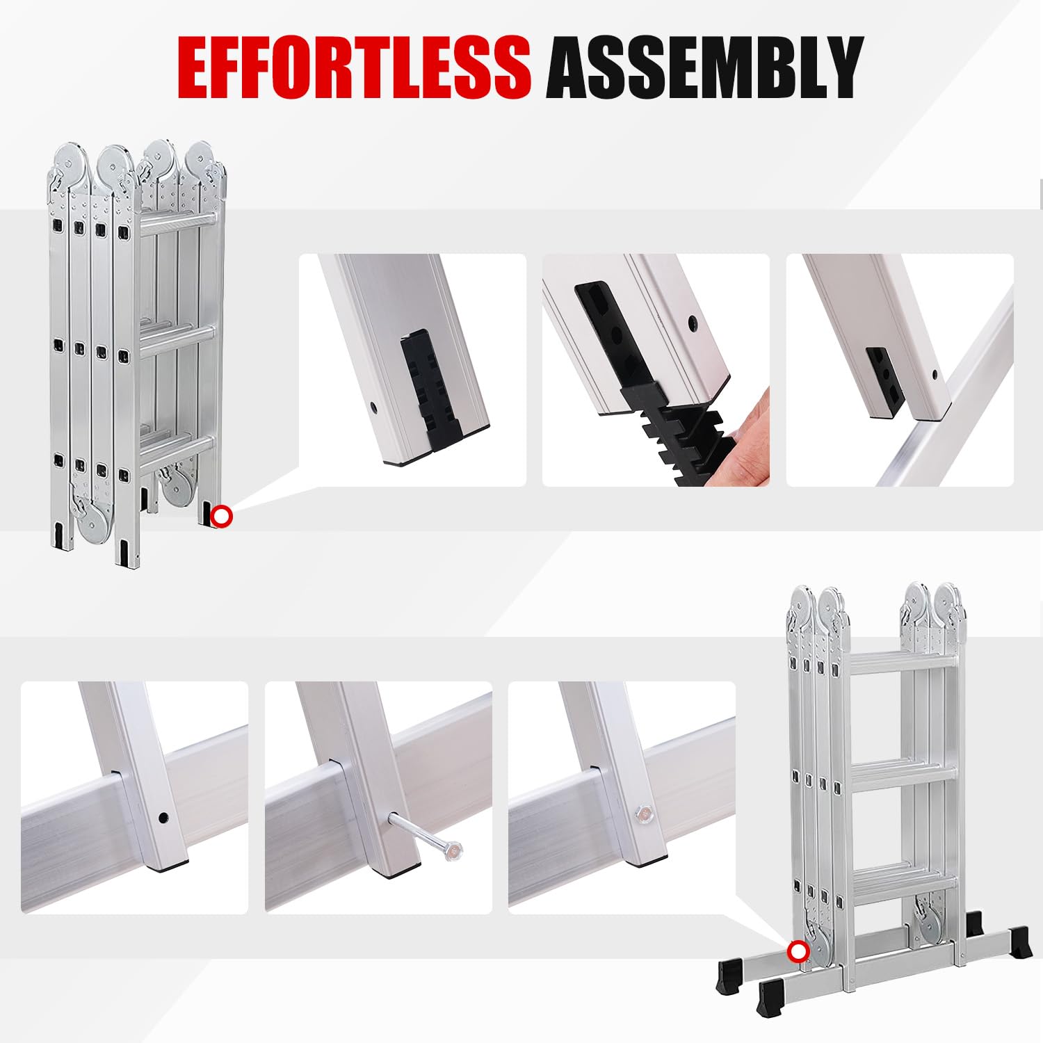 OUTIGO Escalera Multiusos 4x3, 7 en 1, 12 peldaños, Plegable, de Aluminio, con 2 Ruedas, para Uso doméstico, Carga máxima 150 kg
