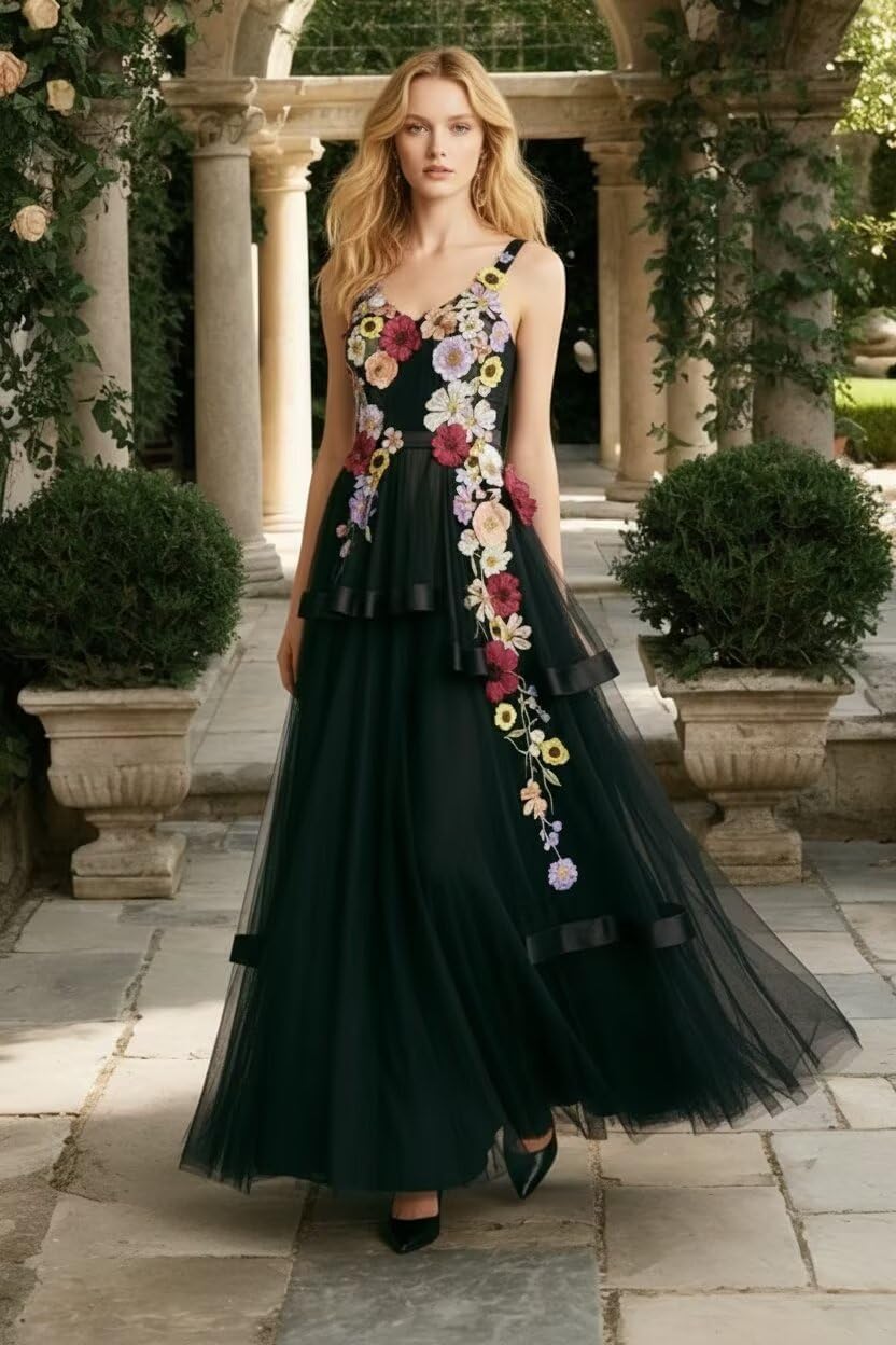 3D Floral Applique Prom Dresses for Women Spaghetti Strap Flower Embroidered Wedding Formal Evening Gown