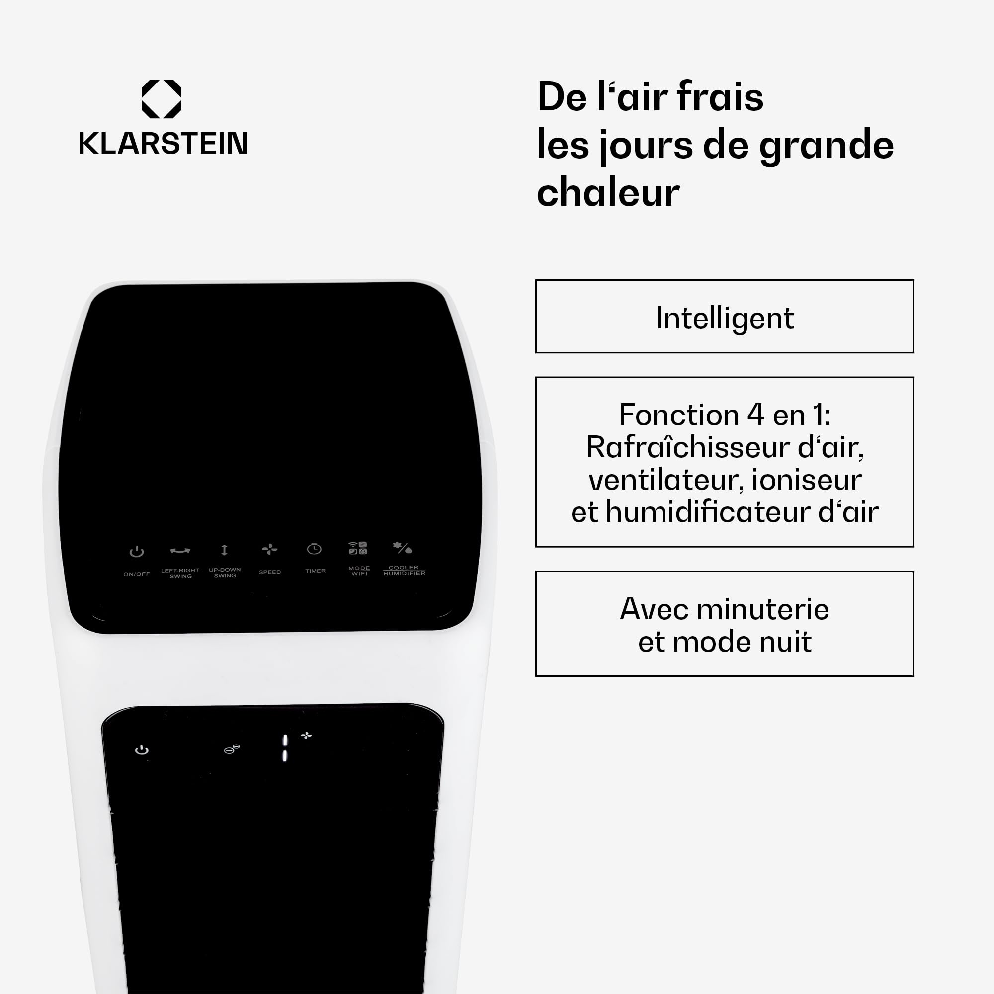 Klarstein Rafraichisseur d'Air 4 en 1 Climatiseur Portable, App Mobile, Humidificateur, Ventilateur, Ioniseur, Climatiseur Mobile Sans Évacuation, Pack Glacons, 60W, Puissant Débit d'Air 450m³/h, 6L