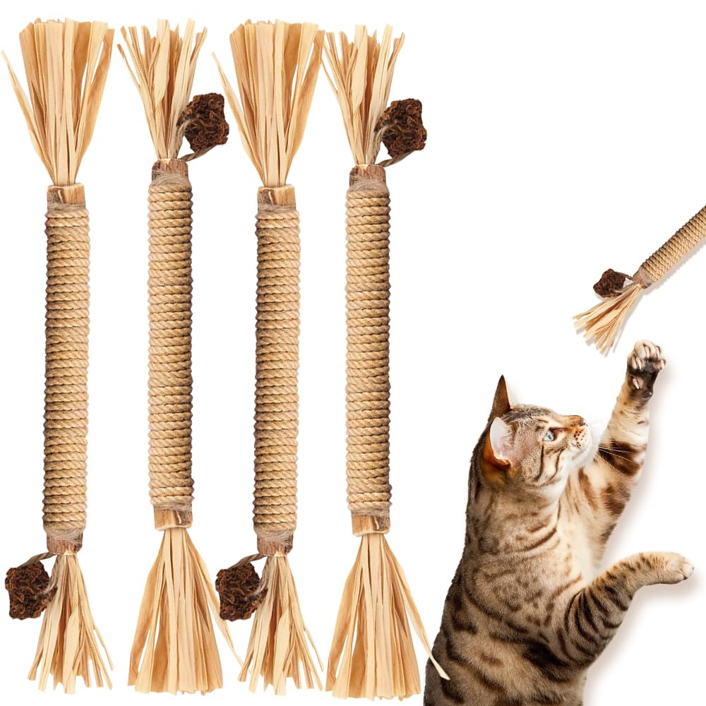 猫 おもちゃ 猫 噛むおもちゃ 4本入り 歯磨き 天然木 麻縄 歯 クリーニング 天然安全 肥満解消 ストレス解消 運動不足解消