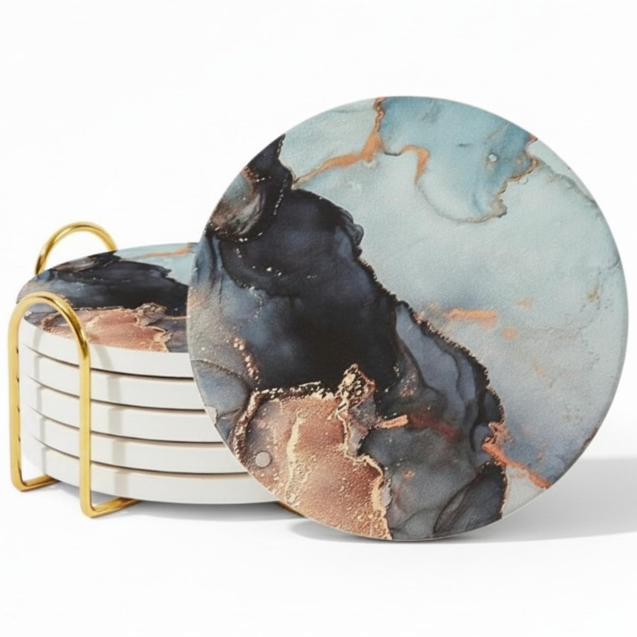 Colorful Stone Marble Coasters Set of 6, Cute Moisture Absorbing Coaster, Coffee Table Decor, Ceramic Absorbent Drink Coasters (Twinkle Gold Holder)