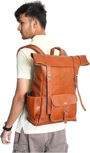 Miniatura 8 de jaald Mochila de cuero marrón de 23 pulgadas, mochila vintage para portátil, bolsa de viaje grande con parte superior enrollable, cómoda y ligera,
