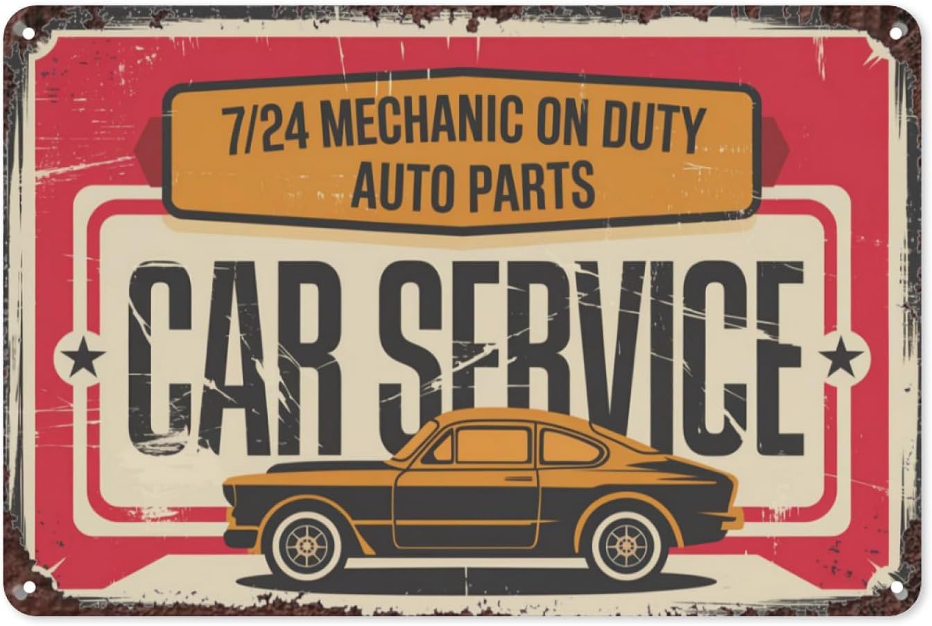 SMAZDFXX Car Service Retro Tin Sign, Vintage Metal Wall Decor for Garage, Workshop, or Auto Shop, Classic Car Repair Theme Wall Art Poster for Car Enthusiasts 8"x12"