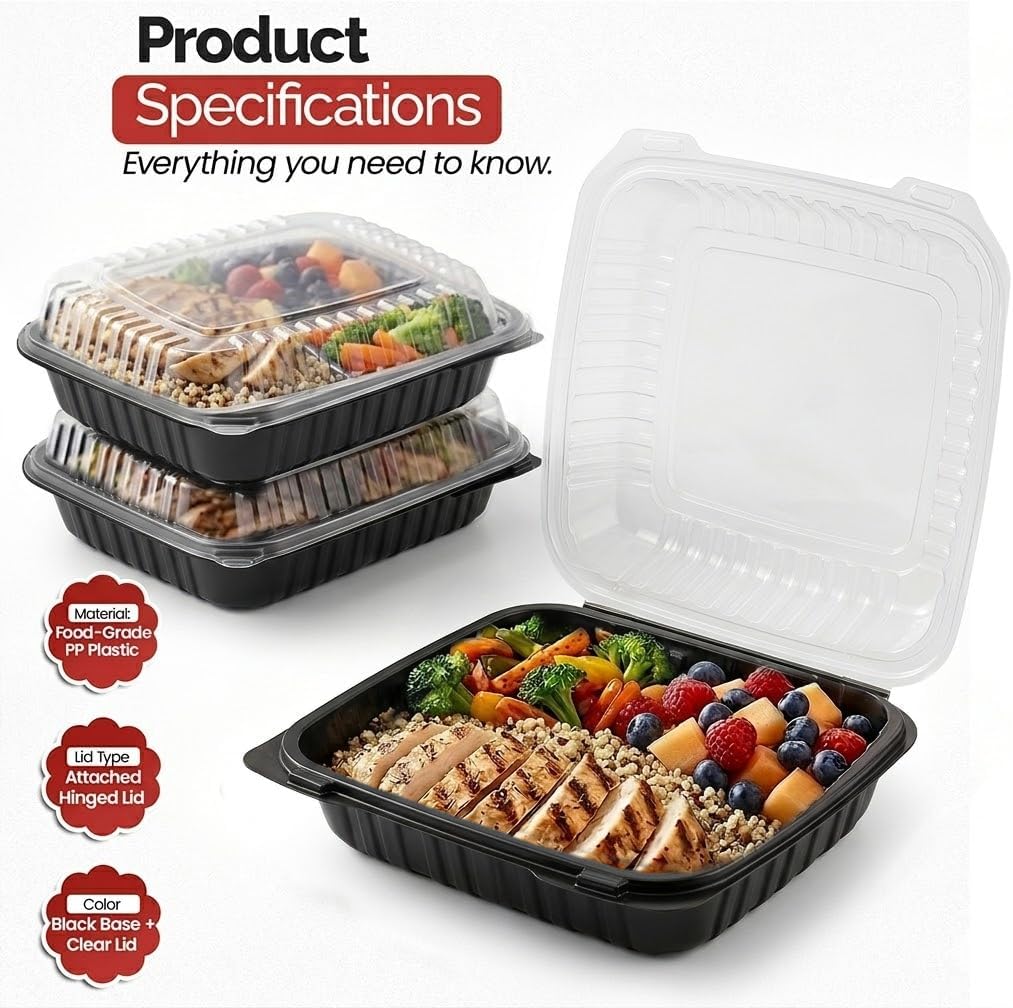 8” x 8” Hinged Takeout Containers – Microwave-Safe Black Plastic Containers with Clear Lids for Catering – Reusable & Disposable 1-Compartment Food Containers with Leak-Resistant Design –150 Pack