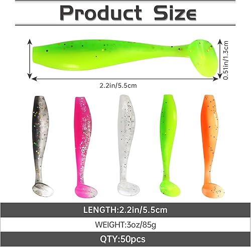 Miniatura 2 de MAFIMOEA - 50 señuelos de pesca suaves de plástico para cola de paleta, kit de cebos de natación para lubina, trucha, lucioperca, crappie, 5 colores