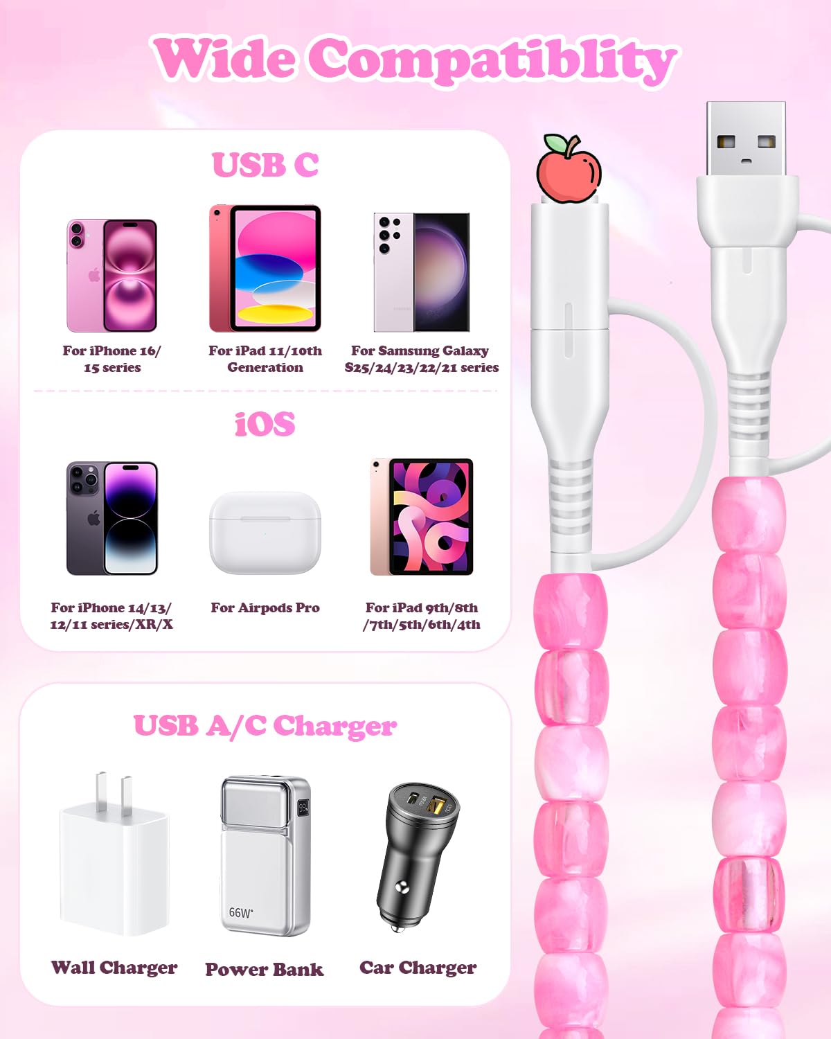 4 in1 USB Cable for iPhone Beaded Phone Charger 60W Fast Charging Data Transfer 6.6FT Long Stylish Durable Multi Type C Charging Cord Women Girls for iPhone 17 Samsung S25 iPad Airpods Car, Pink - Image 7