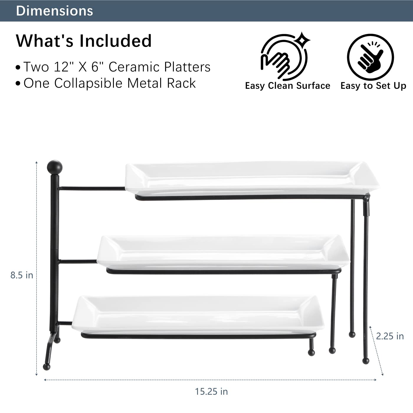 ONEMORE 3 Tier Serving Tray - Foldable Swivel Food Display Stand with Ceramic Serving Platters - White