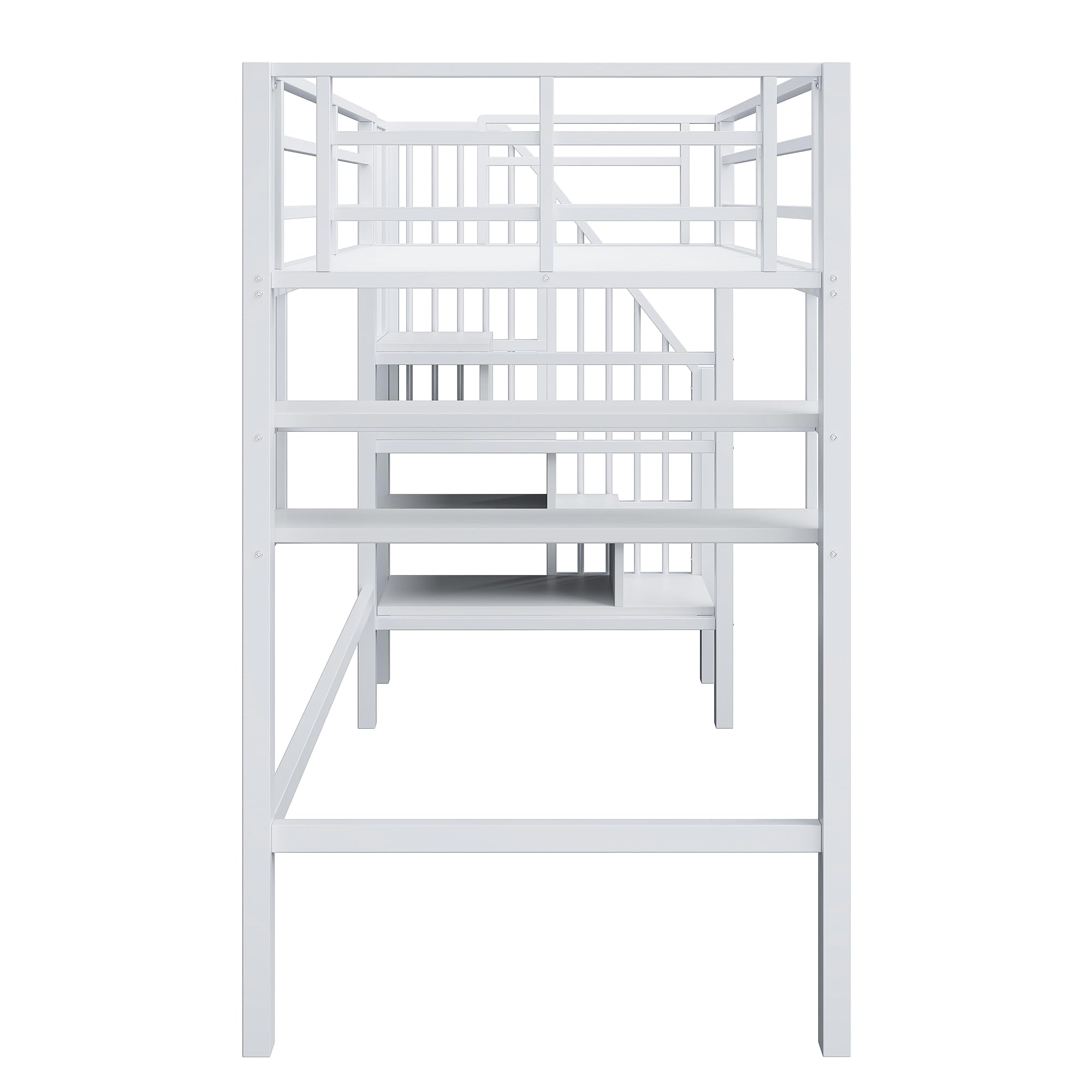 Moimhear Cama alta, 90 x 200 cm, cama de hierro, estantes, escalera de almacenamiento, espacio libre debajo de la cama para disfrazarse, barandilla, sin colchón (blanco)